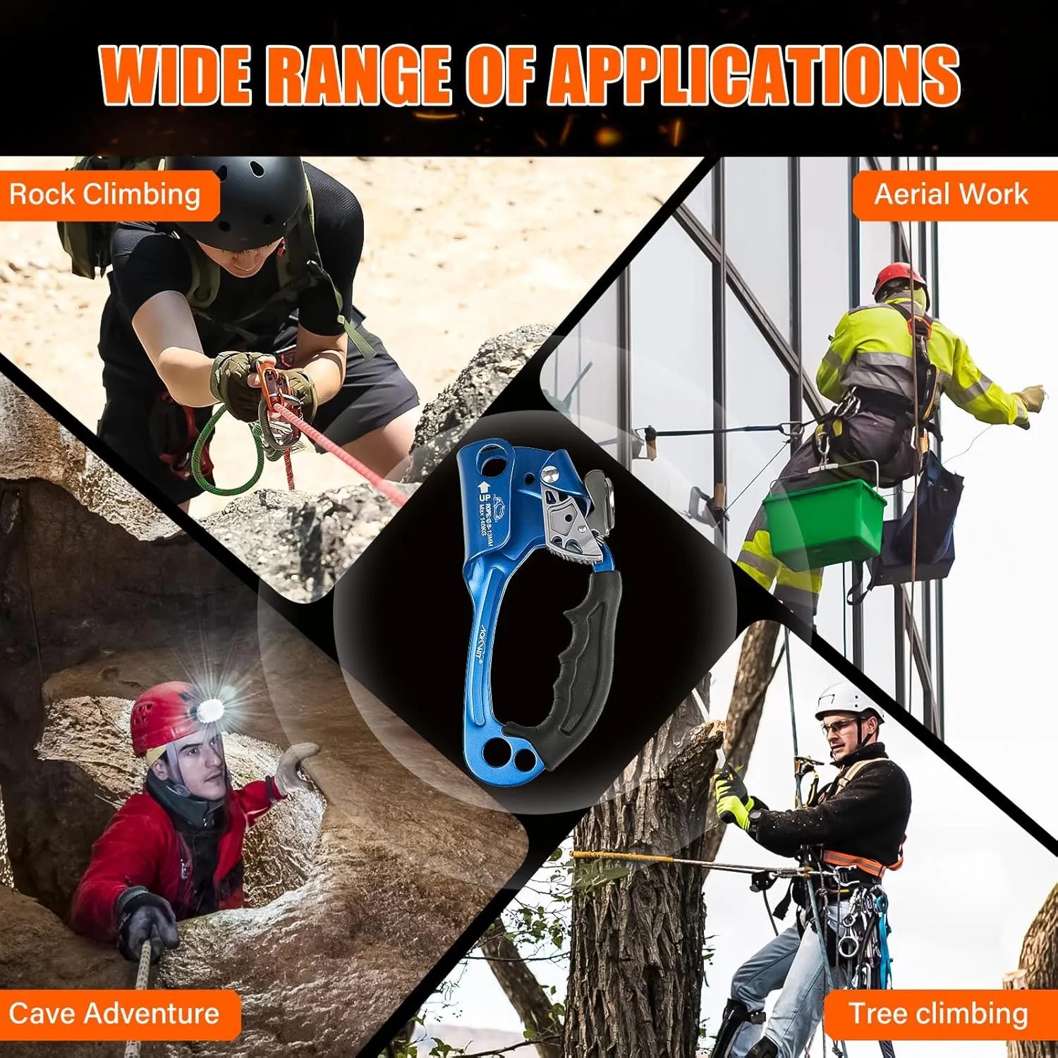 Hand Ascender High strength aluminum Alloy Climbing Ascender with Ergonomic Rubber Handle Strong Rappelling Gear Equipment for Rock Climbing Tree Arborist Rescue Mountaineering Caving Left Right Hand