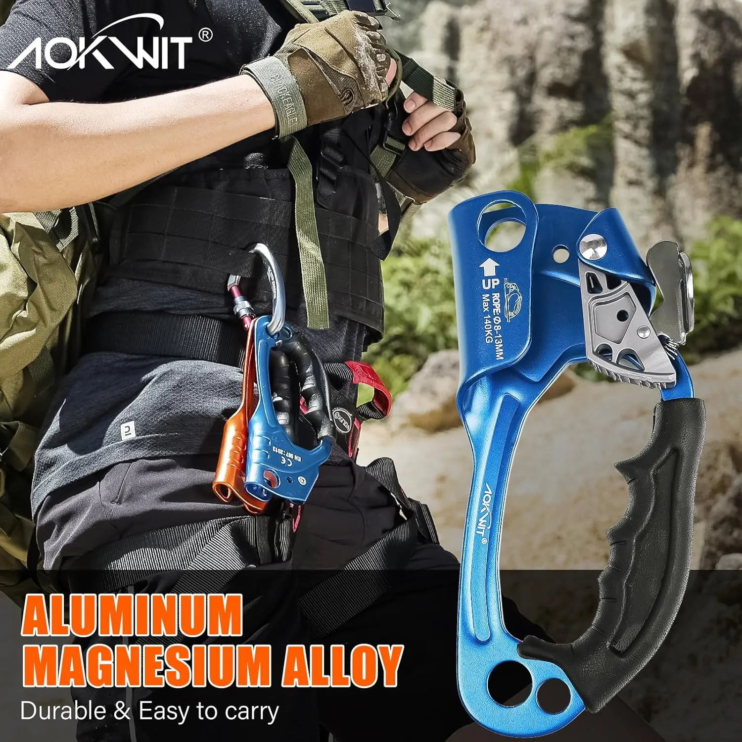 Hand Ascender High strength aluminum Alloy Climbing Ascender with Ergonomic Rubber Handle Strong Rappelling Gear Equipment for Rock Climbing Tree Arborist Rescue Mountaineering Caving Left Right Hand