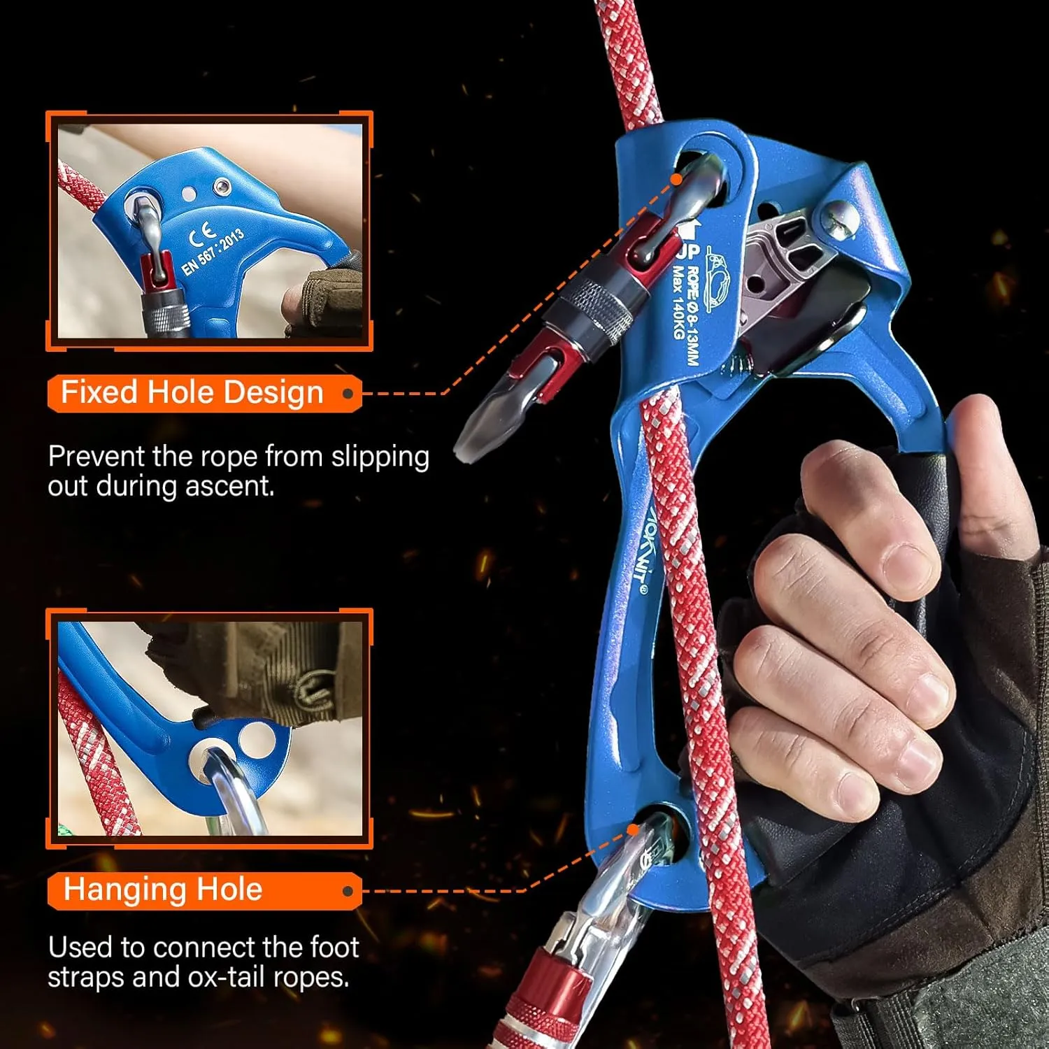 Hand Ascender High strength aluminum Alloy Climbing Ascender with Ergonomic Rubber Handle Strong Rappelling Gear Equipment for Rock Climbing Tree Arborist Rescue Mountaineering Caving Left Right Hand
