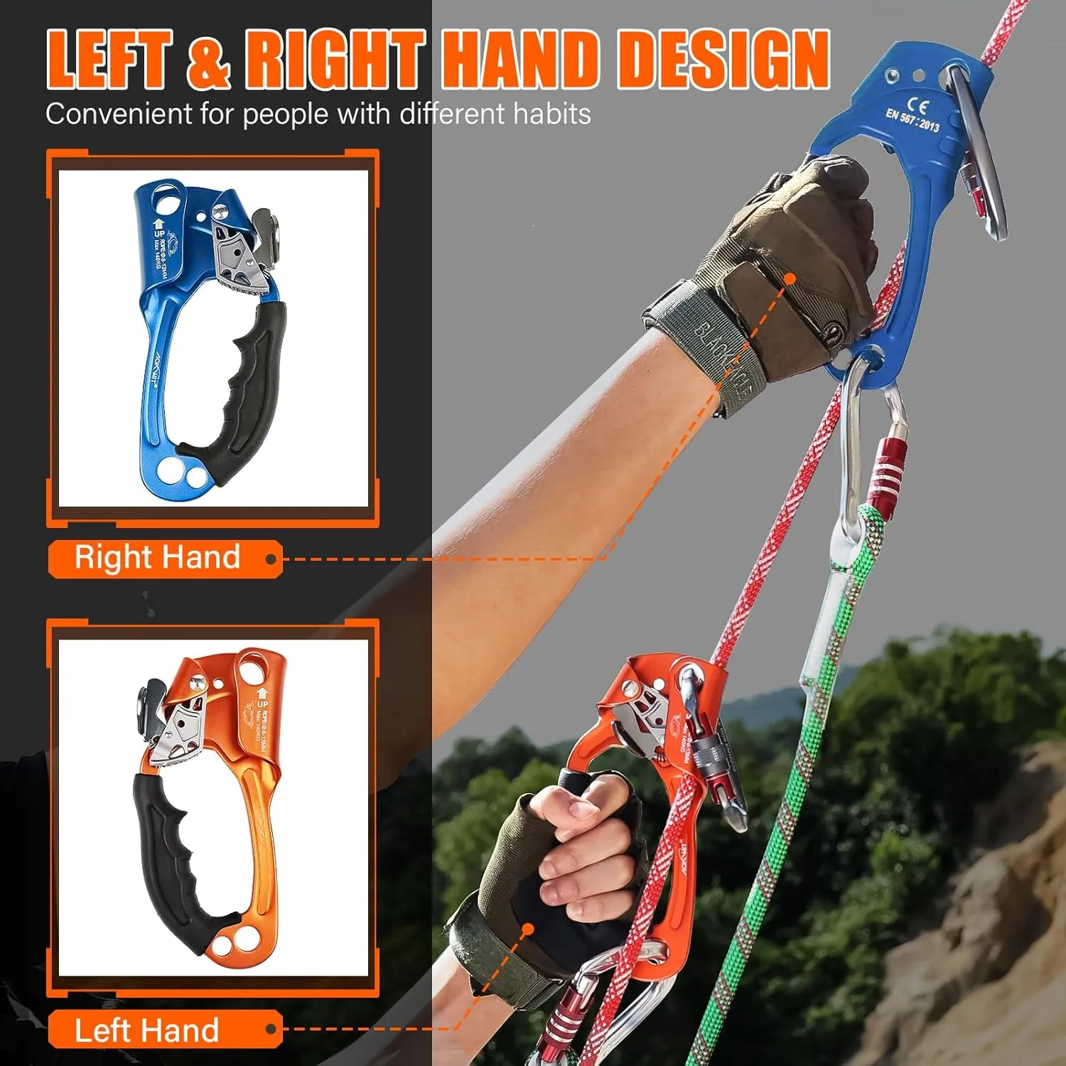 Hand Ascender High strength aluminum Alloy Climbing Ascender with Ergonomic Rubber Handle Strong Rappelling Gear Equipment for Rock Climbing Tree Arborist Rescue Mountaineering Caving Left Right Hand