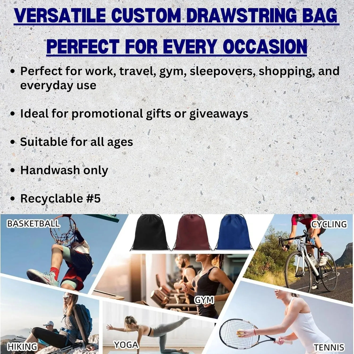 HANDSY Non-Woven Custom Drawstring Bags - Personalized Drawstring Backpack- Custom Bags with Logo for Traveling,Gym and Everyday Use (20, Dark Blue)