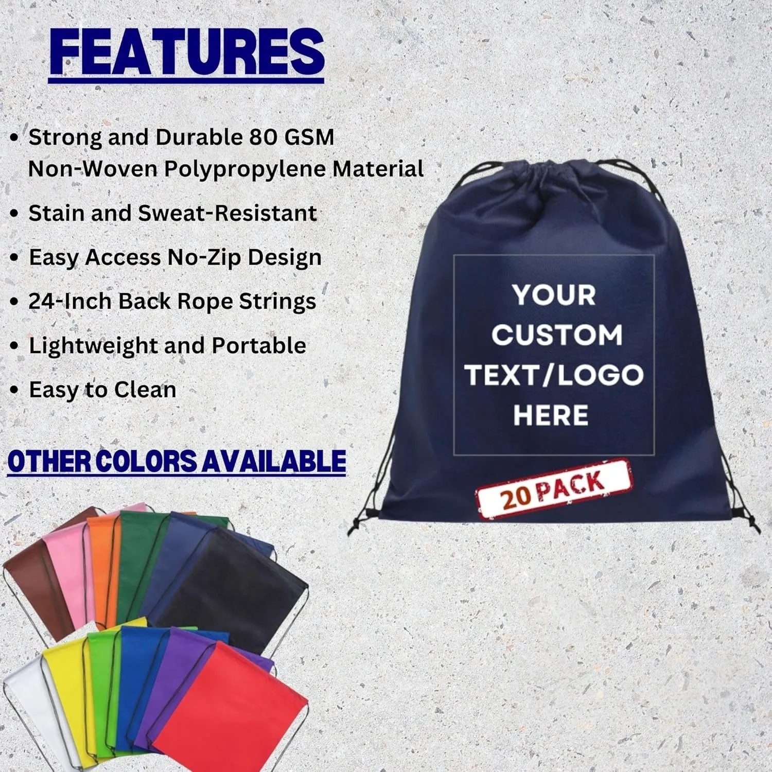 HANDSY Non-Woven Custom Drawstring Bags - Personalized Drawstring Backpack- Custom Bags with Logo for Traveling,Gym and Everyday Use (20, Dark Blue)