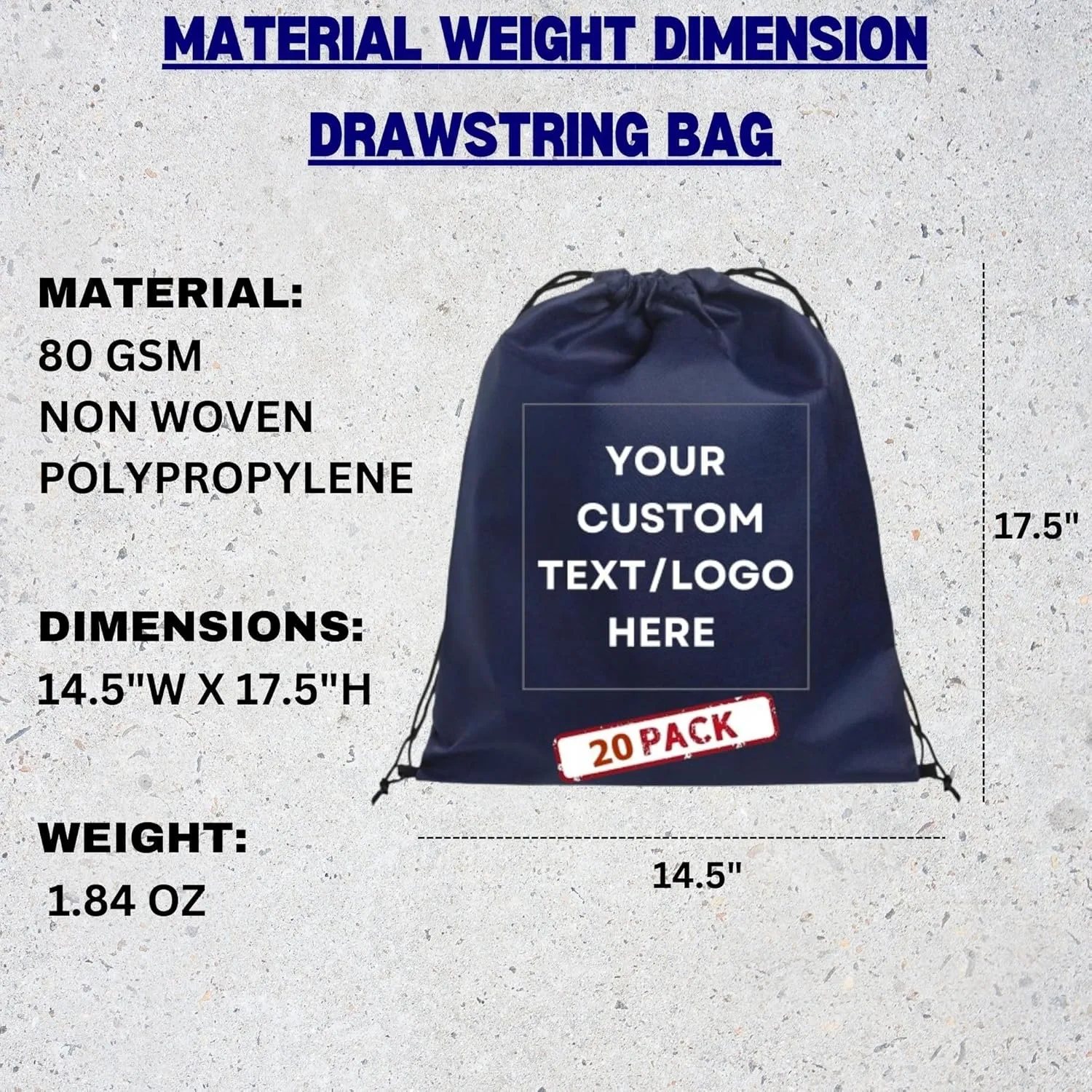 HANDSY Non-Woven Custom Drawstring Bags - Personalized Drawstring Backpack- Custom Bags with Logo for Traveling,Gym and Everyday Use (20, Dark Blue)