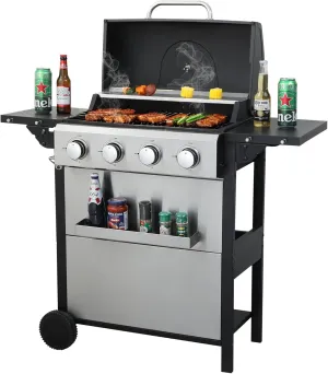 Hanzim 4-Burner Propane Gas BBQ Grill, 34200BTU Output With Wire Enamel Cooking Grids For Outdoor Barbecue, Foldable Side Table, Hanging Basket, Stainless Steel
