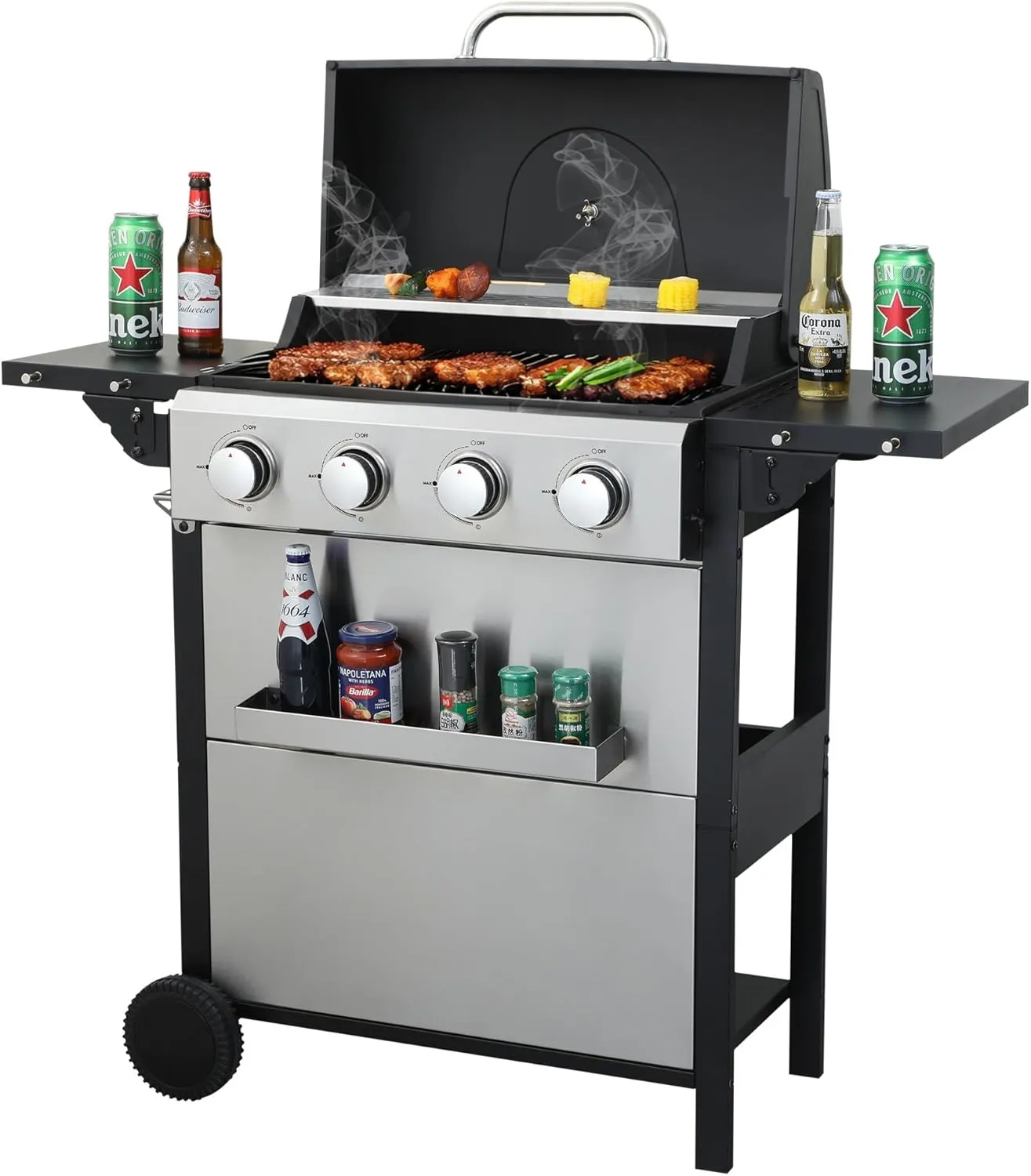 Hanzim 4-Burner Propane Gas BBQ Grill, 34200BTU Output With Wire Enamel Cooking Grids For Outdoor Barbecue, Foldable Side Table, Hanging Basket, Stainless Steel