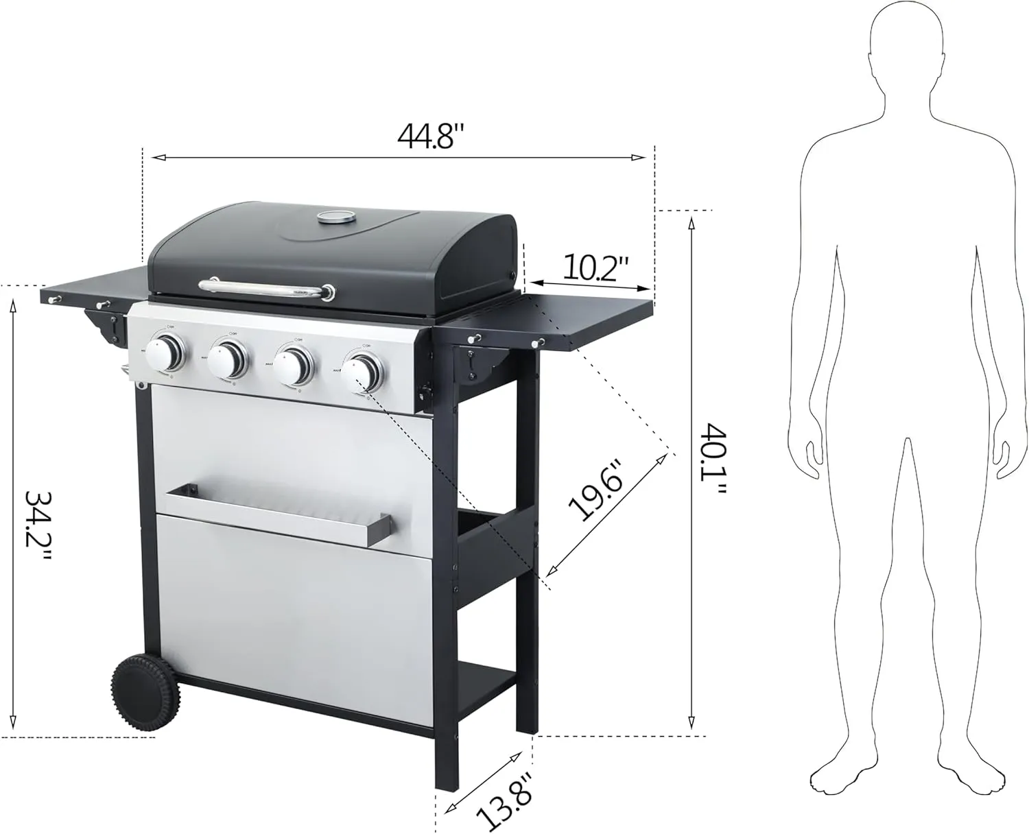 Hanzim 4-Burner Propane Gas BBQ Grill, 34200BTU Output With Wire Enamel Cooking Grids For Outdoor Barbecue, Foldable Side Table, Hanging Basket, Stainless Steel