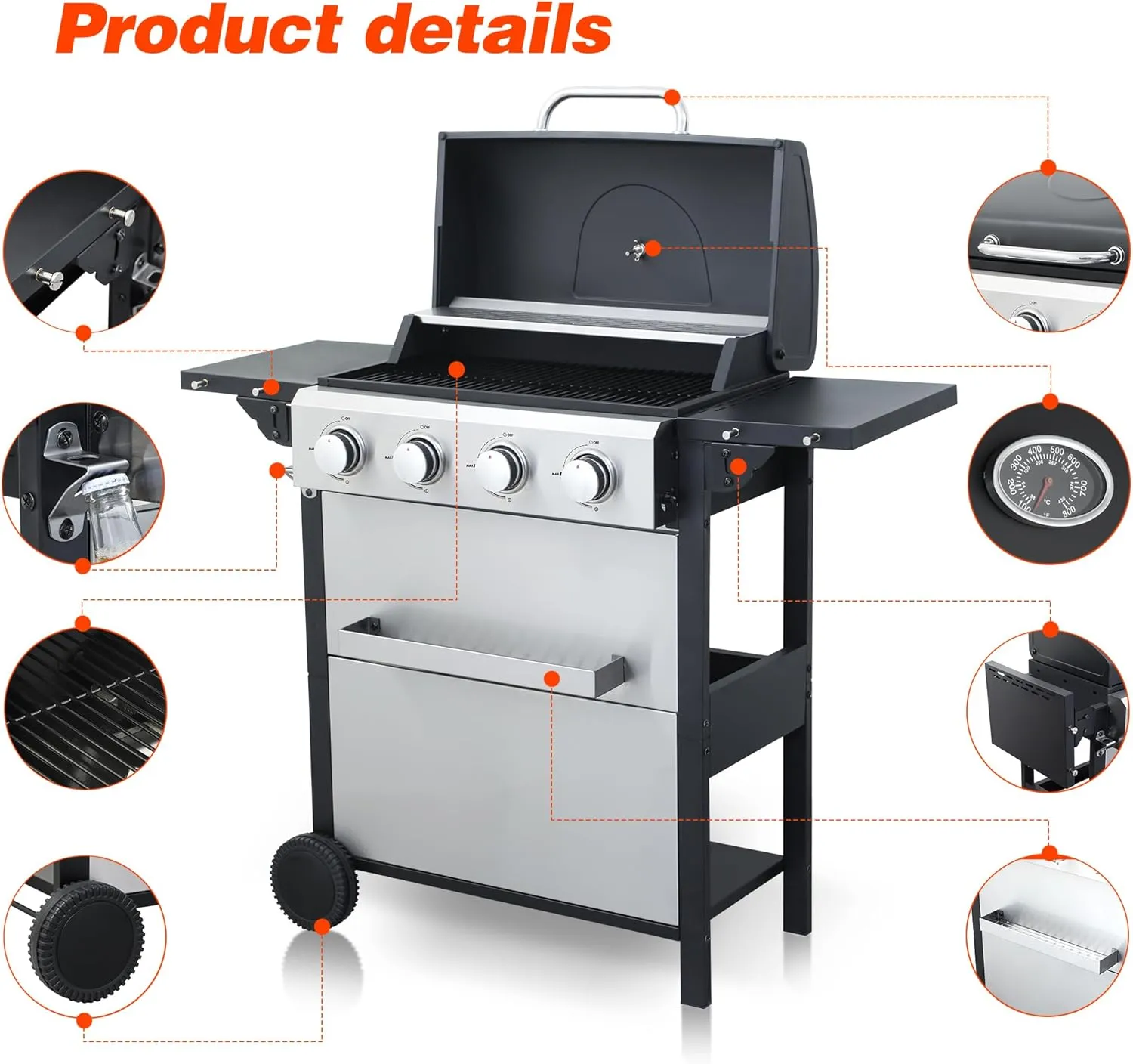 Hanzim 4-Burner Propane Gas BBQ Grill, 34200BTU Output With Wire Enamel Cooking Grids For Outdoor Barbecue, Foldable Side Table, Hanging Basket, Stainless Steel