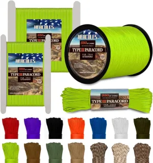 HERCULES Type III Paracord 550 Paracord Rope Parachute Cord, 250' Neon Green Paracord for Camping Rope, Survival Rope