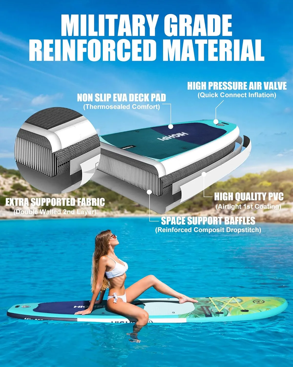Highpi Inflatable Stand Up Paddle Board Premium SUP Accessories, Backpack, Wide Stance, Surf Control, Non-Slip Deck, Leash, Paddle and Pump, Standing Boat for Youth and Adult