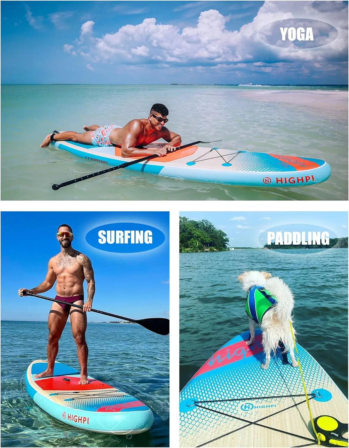 Highpi Inflatable Stand Up Paddle Board Premium SUP Accessories, Backpack, Wide Stance, Surf Control, Non-Slip Deck, Leash, Paddle and Pump, Standing Boat for Youth and Adult