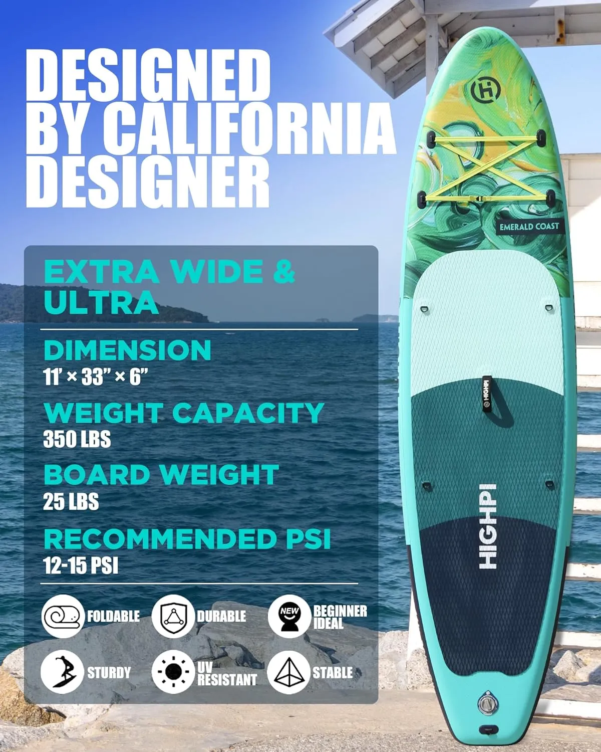 Highpi Inflatable Stand Up Paddle Board Premium SUP Accessories, Backpack, Wide Stance, Surf Control, Non-Slip Deck, Leash, Paddle and Pump, Standing Boat for Youth and Adult