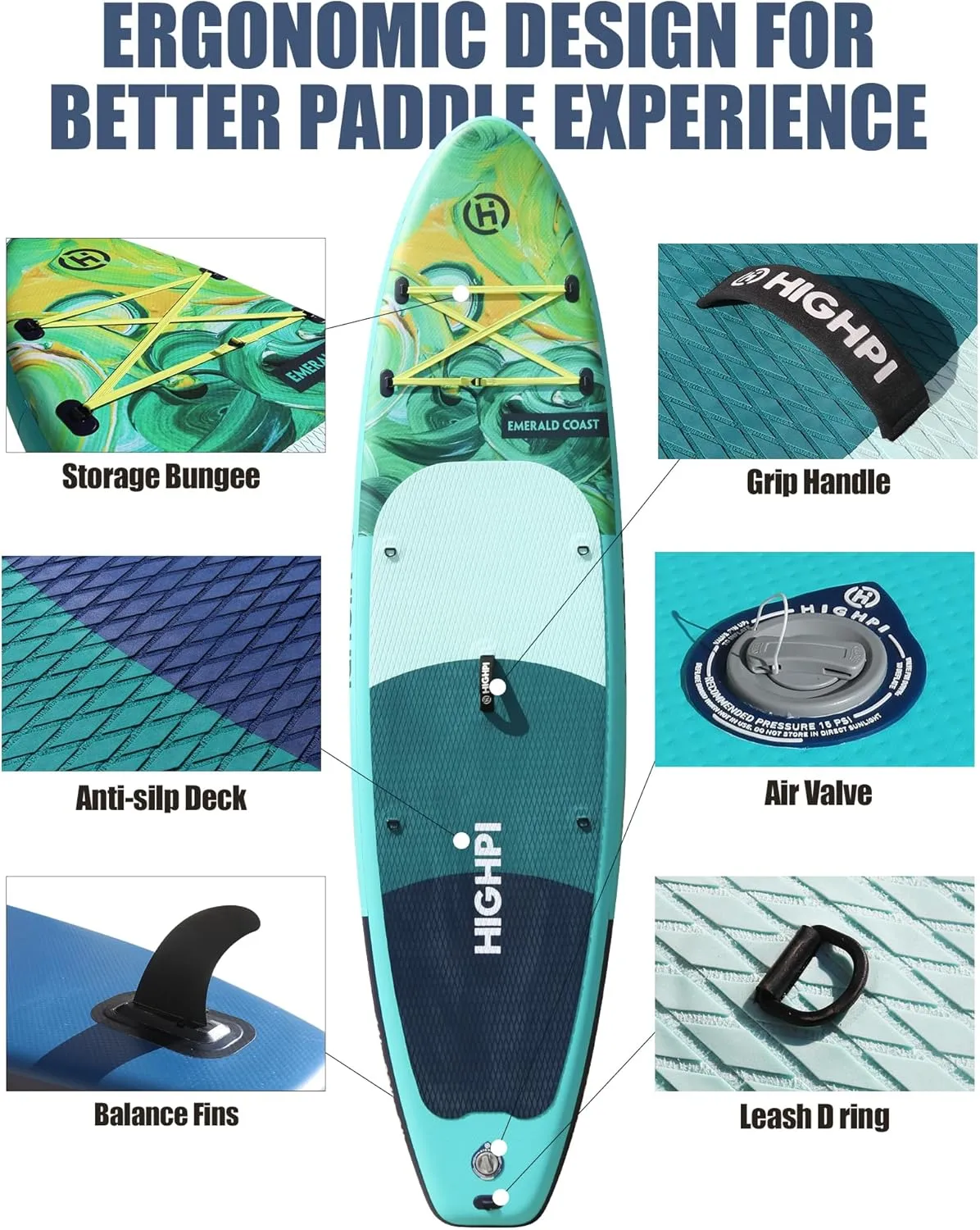 Highpi Inflatable Stand Up Paddle Board Premium SUP Accessories, Backpack, Wide Stance, Surf Control, Non-Slip Deck, Leash, Paddle and Pump, Standing Boat for Youth and Adult