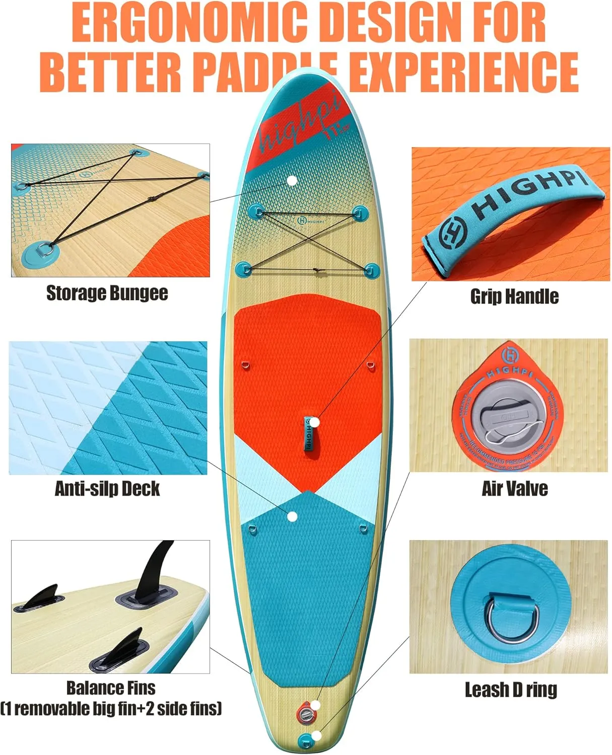 Highpi Inflatable Stand Up Paddle Board Premium SUP Accessories, Backpack, Wide Stance, Surf Control, Non-Slip Deck, Leash, Paddle and Pump, Standing Boat for Youth and Adult