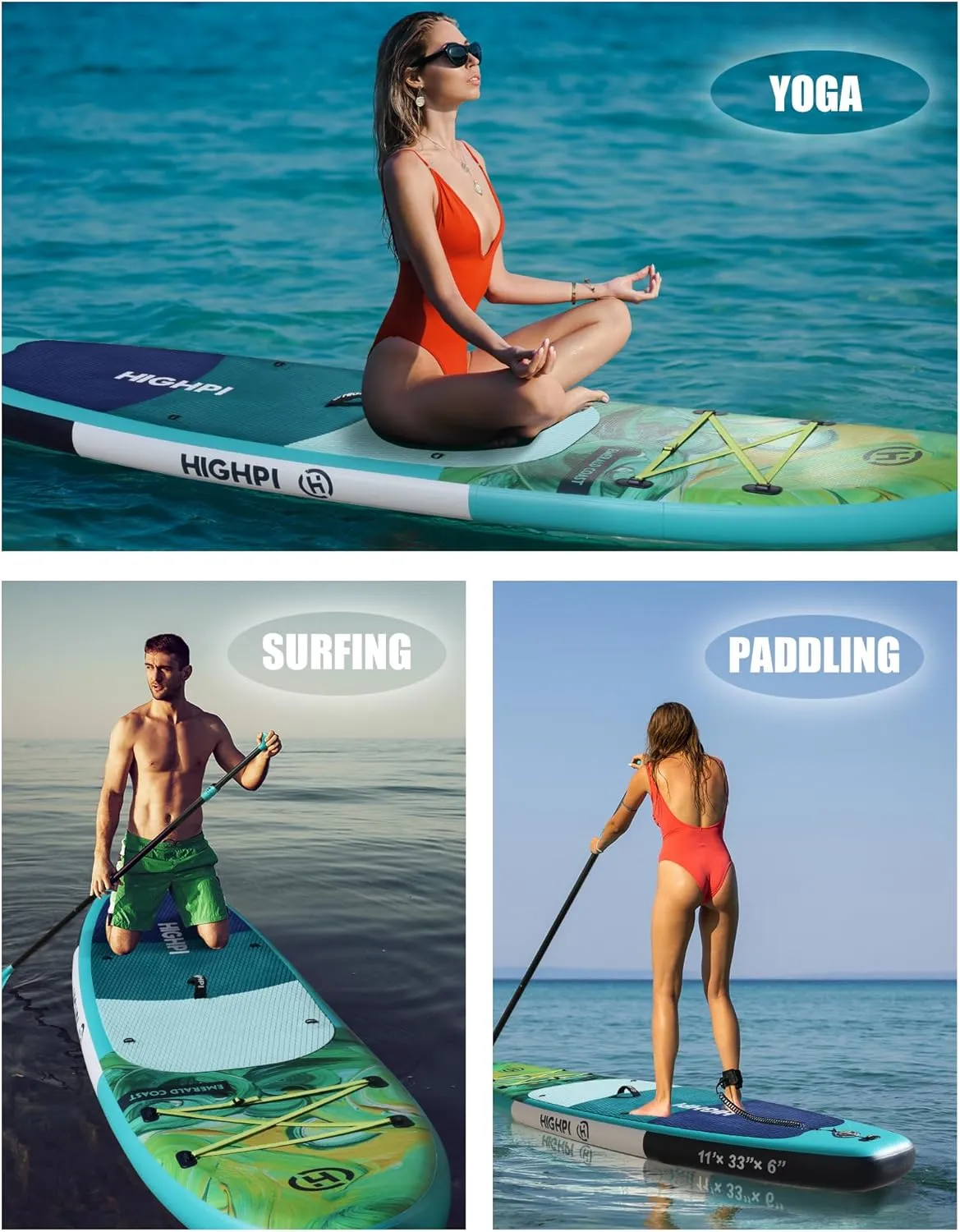 Highpi Inflatable Stand Up Paddle Board Premium SUP Accessories, Backpack, Wide Stance, Surf Control, Non-Slip Deck, Leash, Paddle and Pump, Standing Boat for Youth and Adult