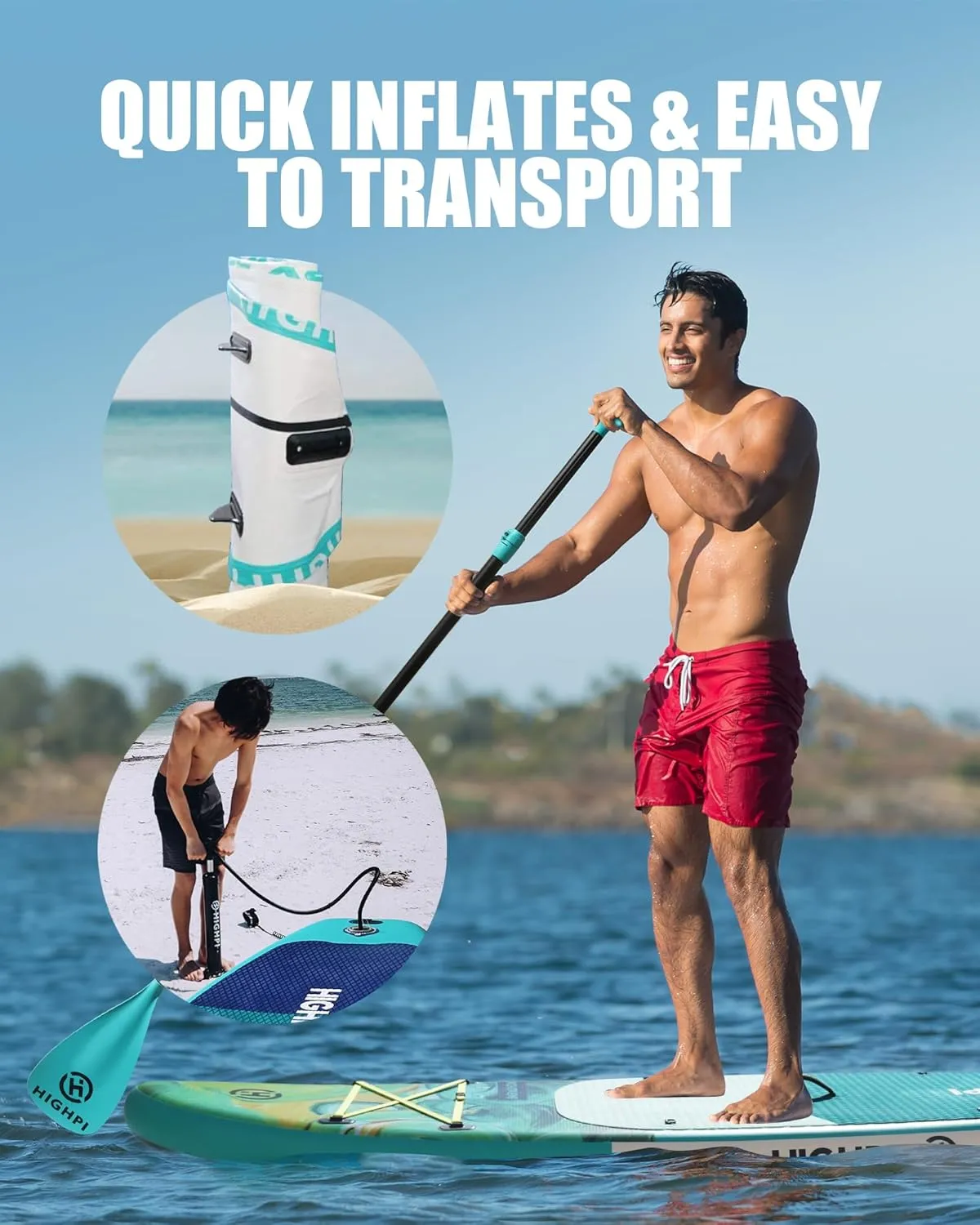 Highpi Inflatable Stand Up Paddle Board Premium SUP Accessories, Backpack, Wide Stance, Surf Control, Non-Slip Deck, Leash, Paddle and Pump, Standing Boat for Youth and Adult