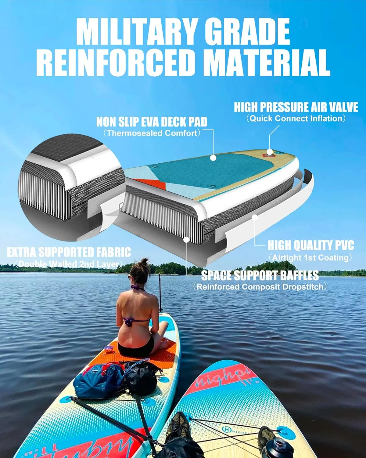 Highpi Inflatable Stand Up Paddle Board Premium SUP Accessories, Backpack, Wide Stance, Surf Control, Non-Slip Deck, Leash, Paddle and Pump, Standing Boat for Youth and Adult