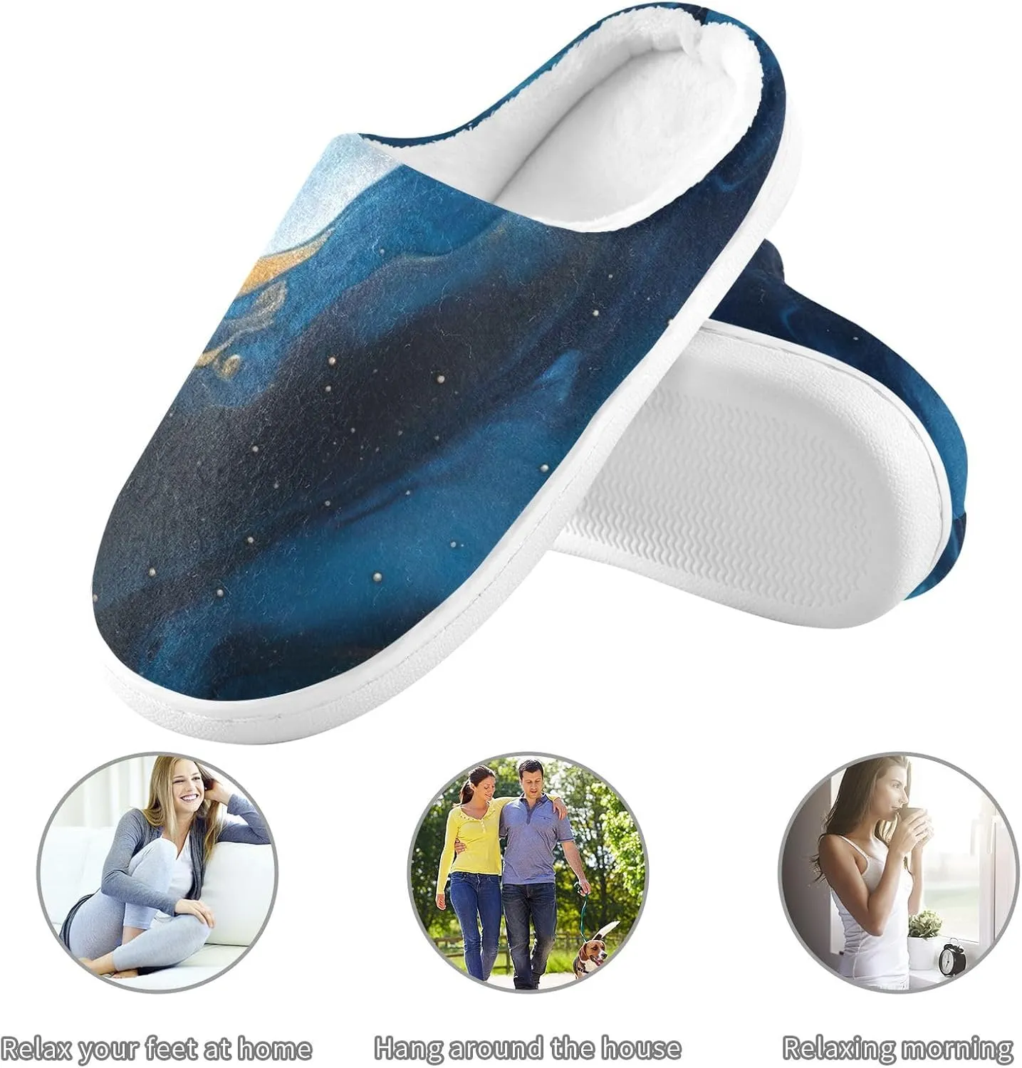 House Fuzzy Slippers Marble Indigo Gold Anti-Slip Warm Shoes for Womens & Men 20849704