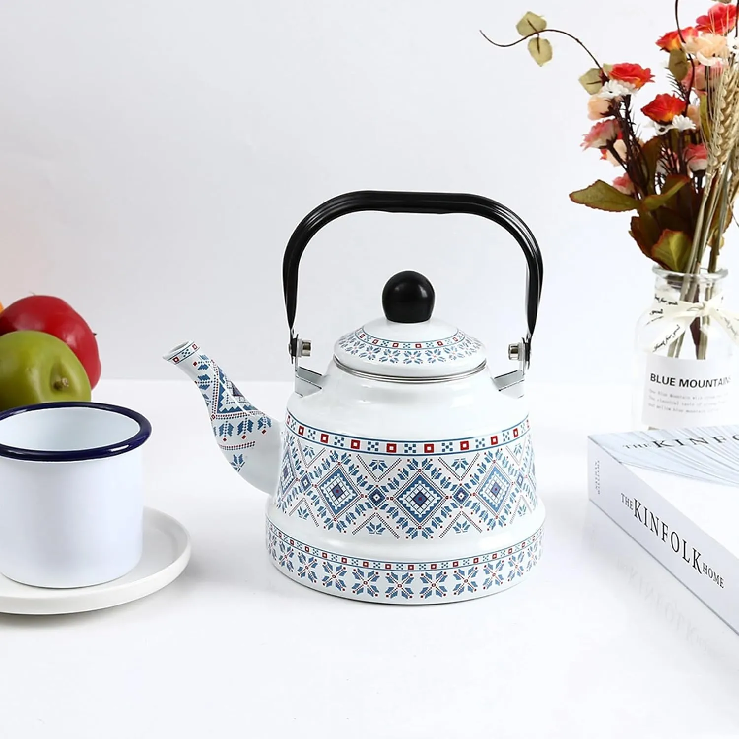 Household Water Tea Pot Coffee Kettle, Cookware Picnic Teapot, Enamel Tea Kettle for Camping(Blue,1.7L)