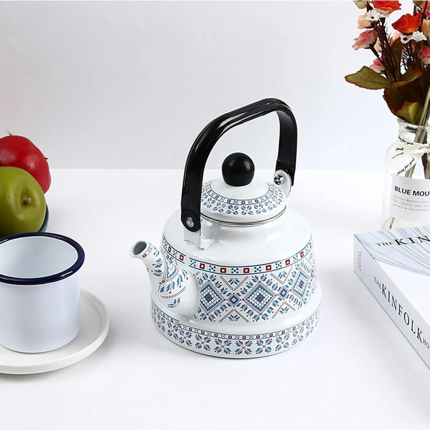 Household Water Tea Pot Coffee Kettle, Cookware Picnic Teapot, Enamel Tea Kettle for Camping(Blue,1.7L)