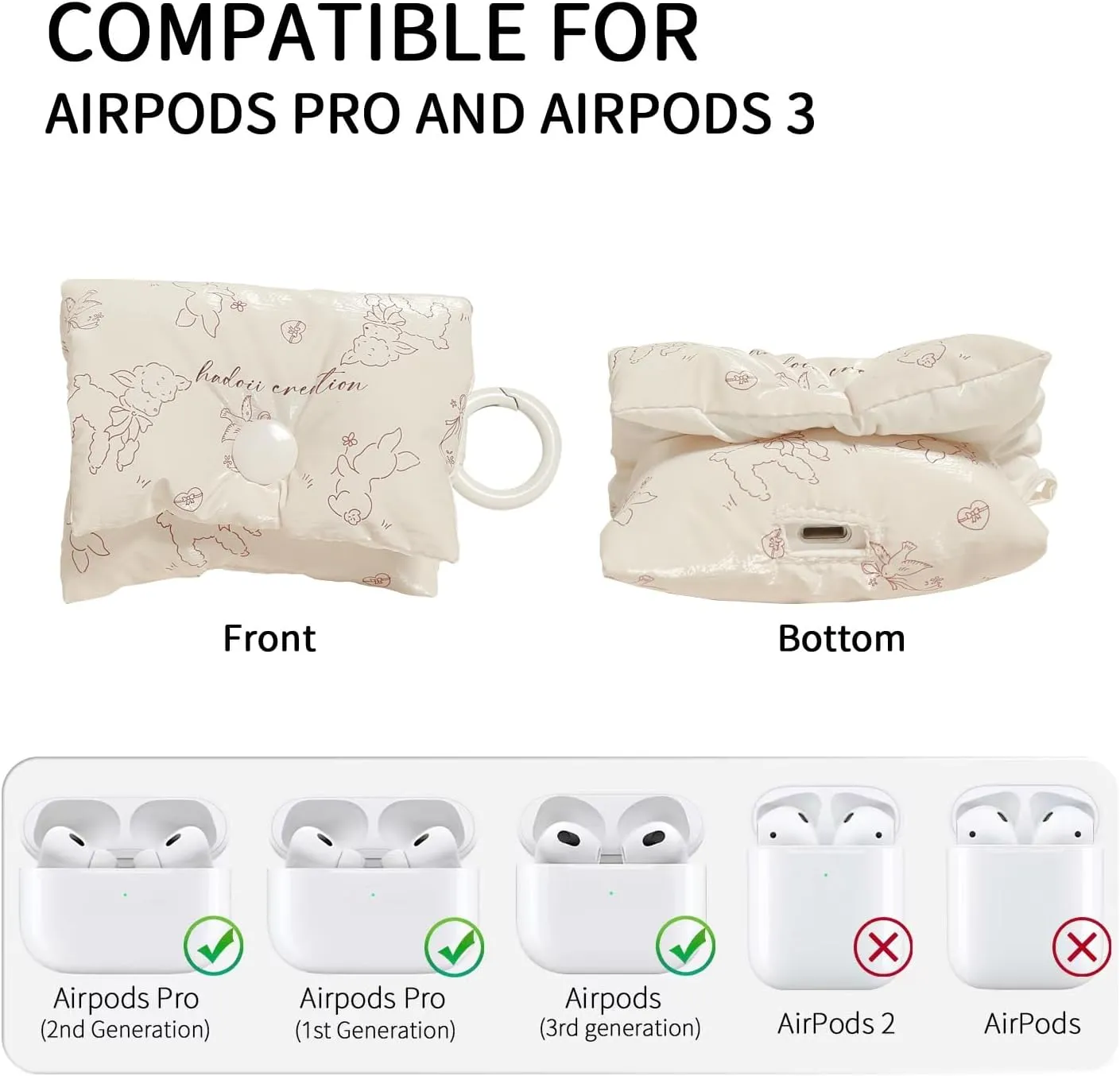 HPOD Compatible with AirPods Pro Case Cover,Fashionable and Trendy Down Cotton Padded Quilted Headphone Bag with 2 Portable Rope Compatible for Airpods Pro and Airpods 3 Case (Beige Lamb)