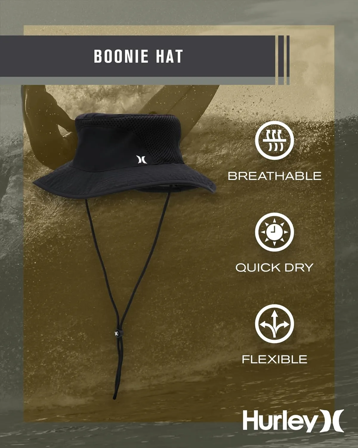 Hurley Men's Boonie Hat - Moisture Wicking and Packable Full Brim Sun Hat UV Protection for Fishing, Hiking, and Safari