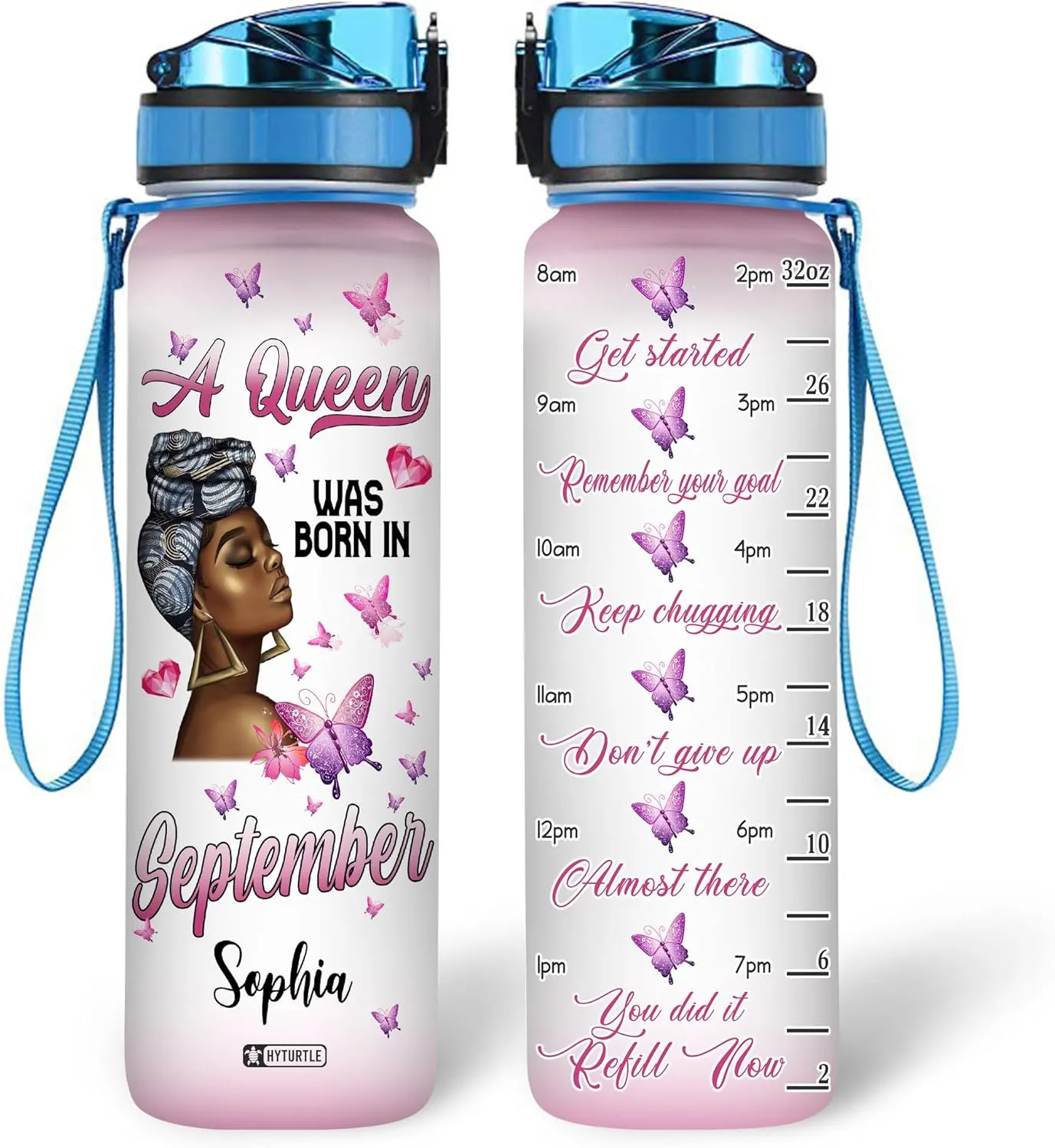 Hyturtle Personalized A Queen Was Born In August Water Bottle - 32oz Motivational Water Bottle with Leak-Proof Lid & Time Marker - Custom Name Gift for Black Women On August Birthdays Christmas