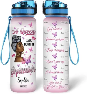 Hyturtle Personalized A Queen Was Born In August Water Bottle - 32oz Motivational Water Bottle with Leak-Proof Lid & Time Marker - Custom Name Gift for Black Women On August Birthdays Christmas