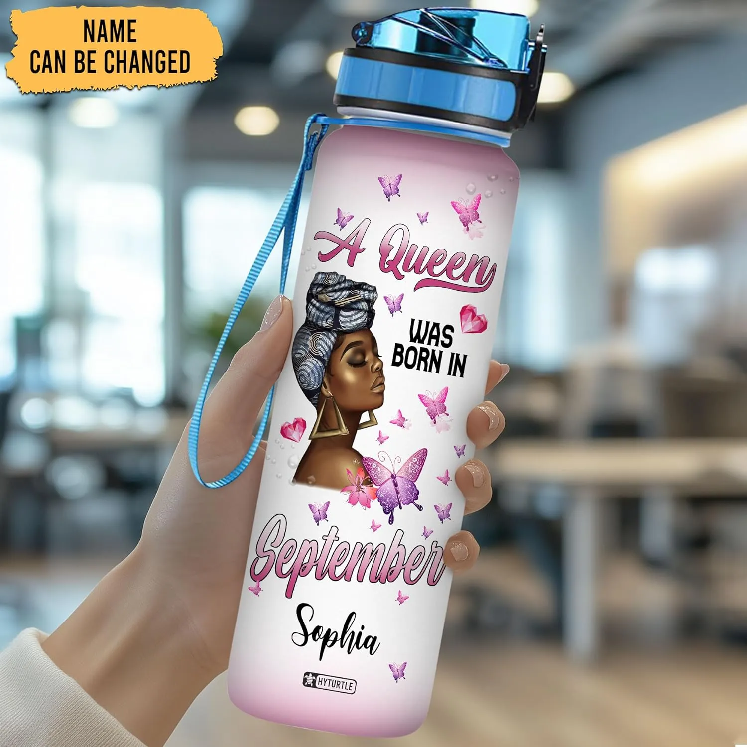 Hyturtle Personalized A Queen Was Born In August Water Bottle - 32oz Motivational Water Bottle with Leak-Proof Lid & Time Marker - Custom Name Gift for Black Women On August Birthdays Christmas