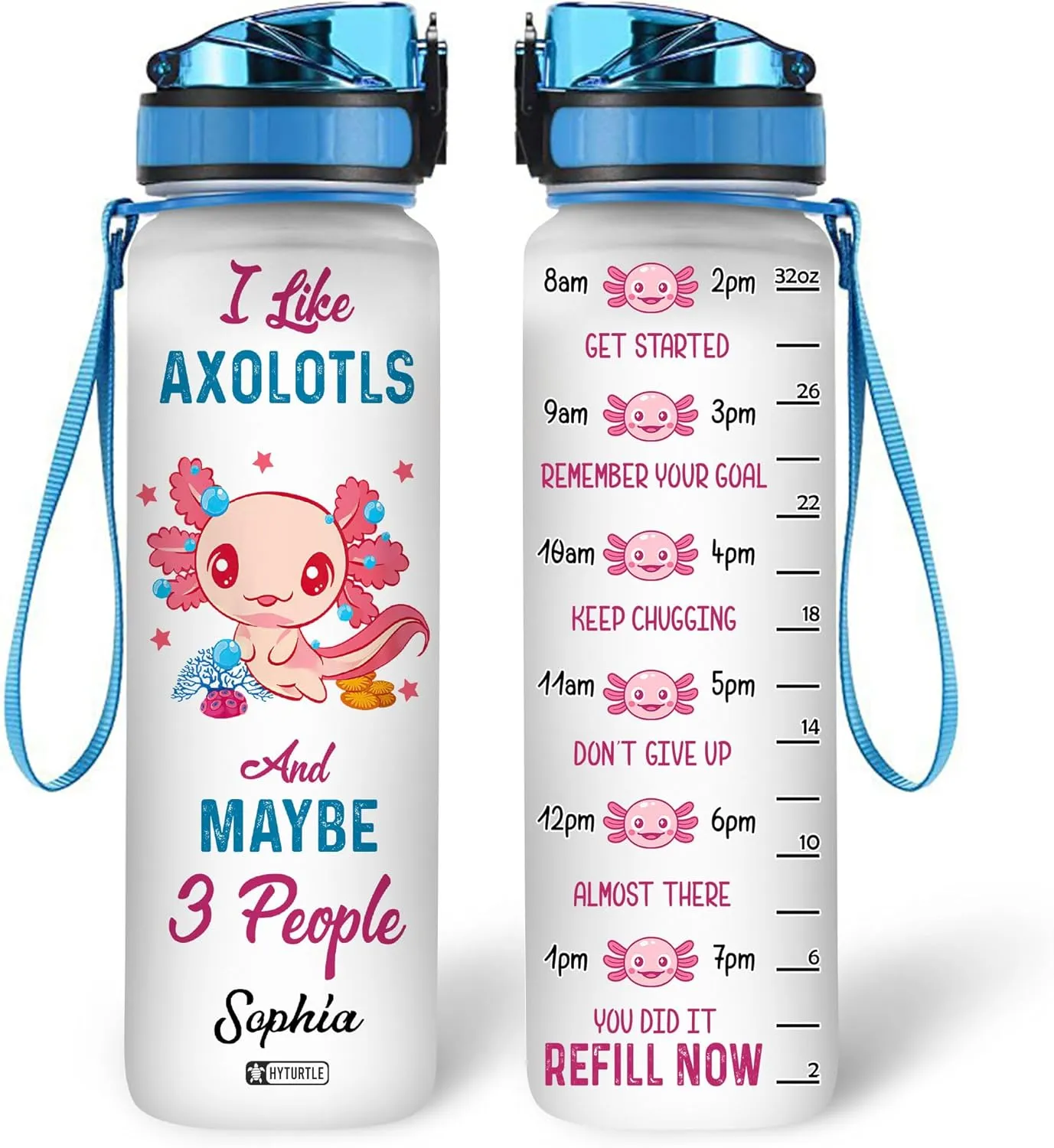 Hyturtle Personalized Axolotl Water Bottle - 32oz Motivational Water Bottle with Leak-Proof Lid & Time Marker - Custom Name Gift for Women Axolotl Lovers Girls Boys - Birthday & Christmas Gift