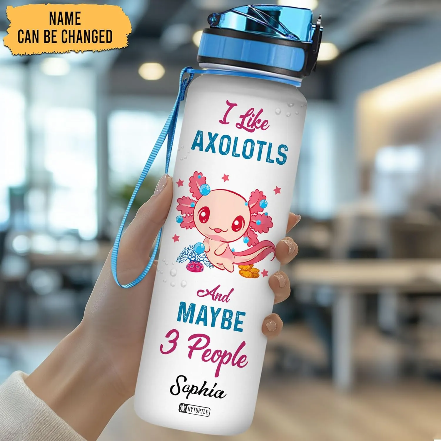 Hyturtle Personalized Axolotl Water Bottle - 32oz Motivational Water Bottle with Leak-Proof Lid & Time Marker - Custom Name Gift for Women Axolotl Lovers Girls Boys - Birthday & Christmas Gift