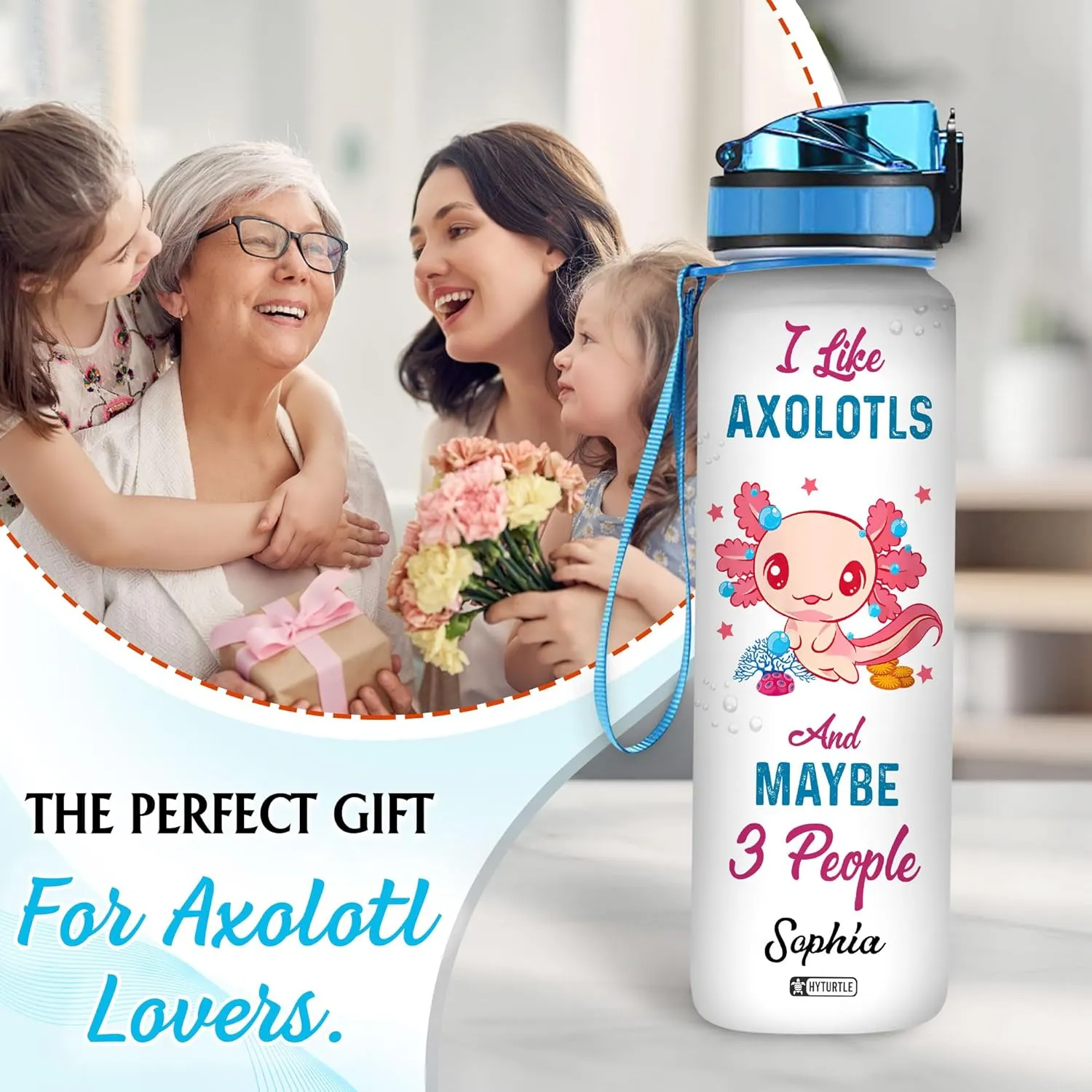 Hyturtle Personalized Axolotl Water Bottle - 32oz Motivational Water Bottle with Leak-Proof Lid & Time Marker - Custom Name Gift for Women Axolotl Lovers Girls Boys - Birthday & Christmas Gift