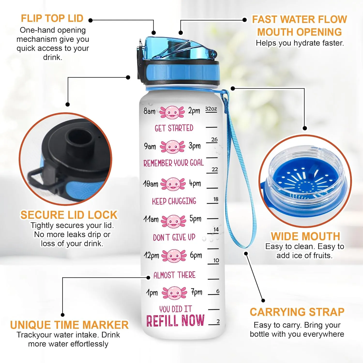Hyturtle Personalized Axolotl Water Bottle - 32oz Motivational Water Bottle with Leak-Proof Lid & Time Marker - Custom Name Gift for Women Axolotl Lovers Girls Boys - Birthday & Christmas Gift