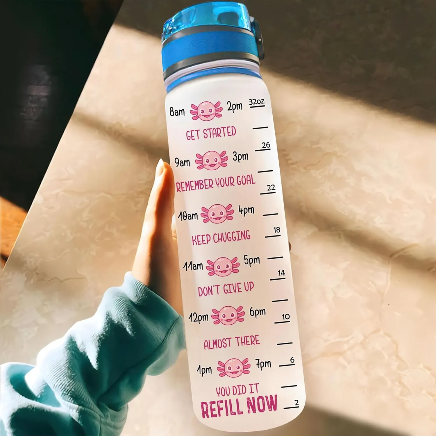 Hyturtle Personalized Axolotl Water Bottle - 32oz Motivational Water Bottle with Leak-Proof Lid & Time Marker - Custom Name Gift for Women Axolotl Lovers Girls Boys - Birthday & Christmas Gift