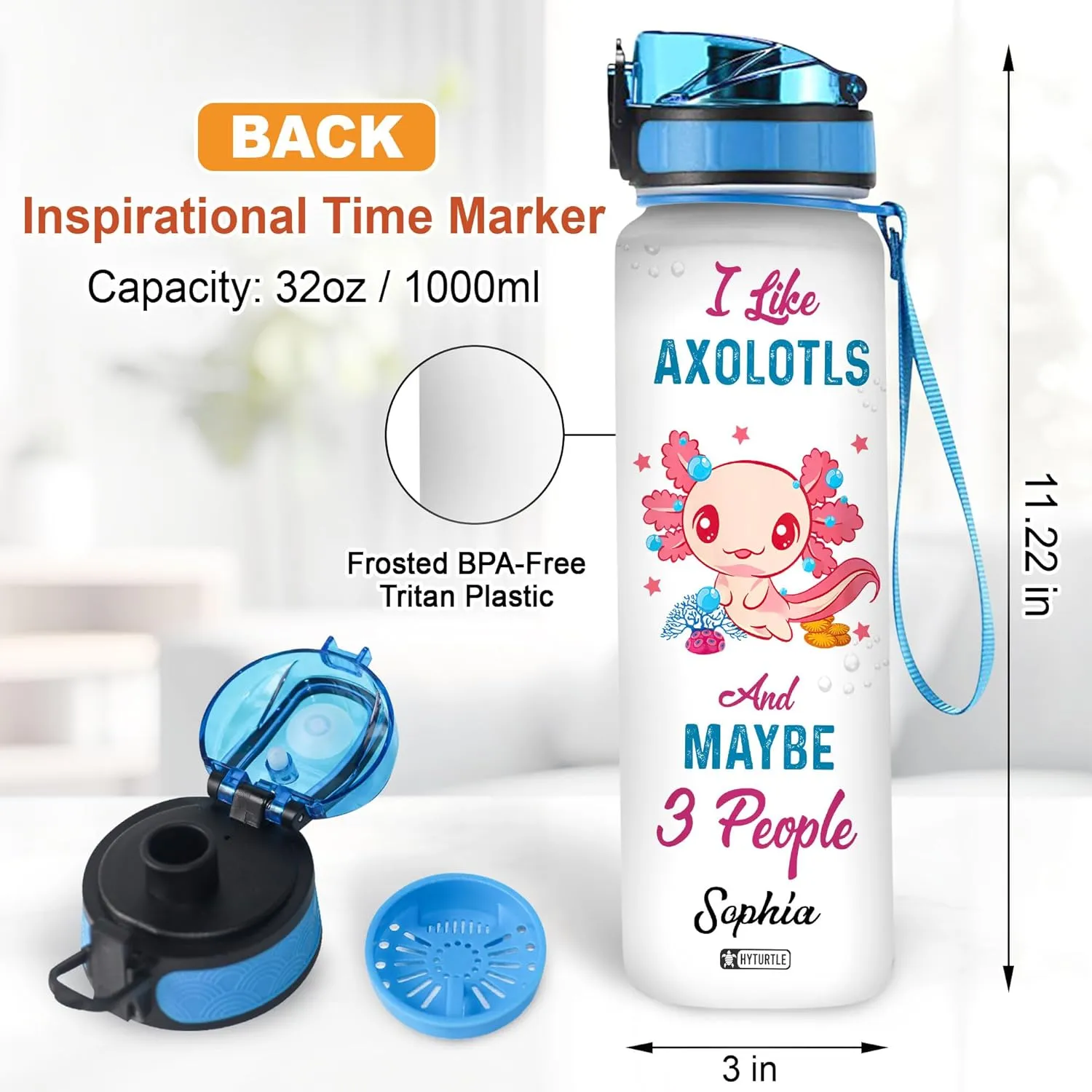 Hyturtle Personalized Axolotl Water Bottle - 32oz Motivational Water Bottle with Leak-Proof Lid & Time Marker - Custom Name Gift for Women Axolotl Lovers Girls Boys - Birthday & Christmas Gift