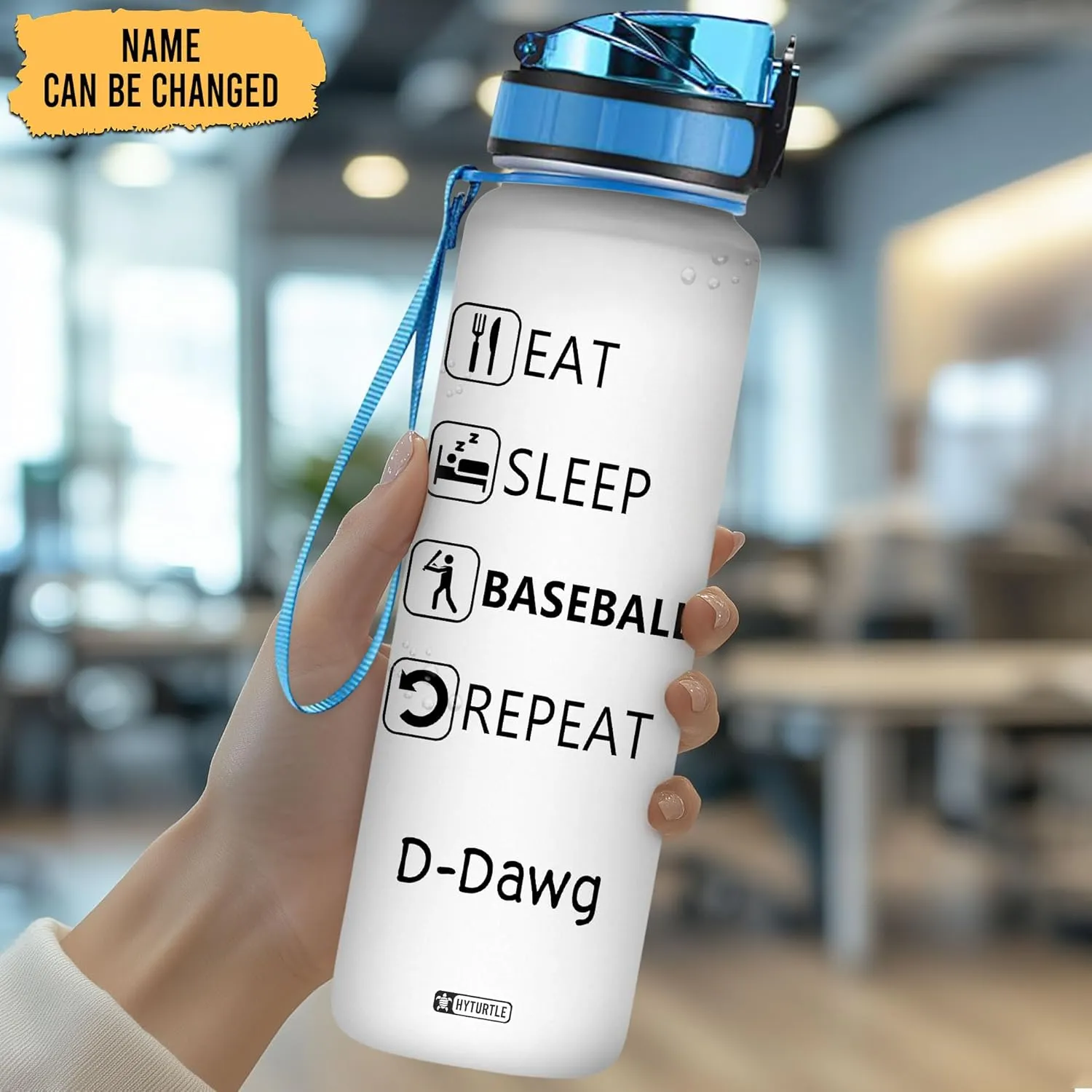 Hyturtle Personalized Baseball Water Bottle - 32oz Motivational Water Bottle with Leak-Proof Lid & Time Marker - Custom Name Gift for Men, Boys, Baseball Players, Coaches, Birthday & Christmas Gift