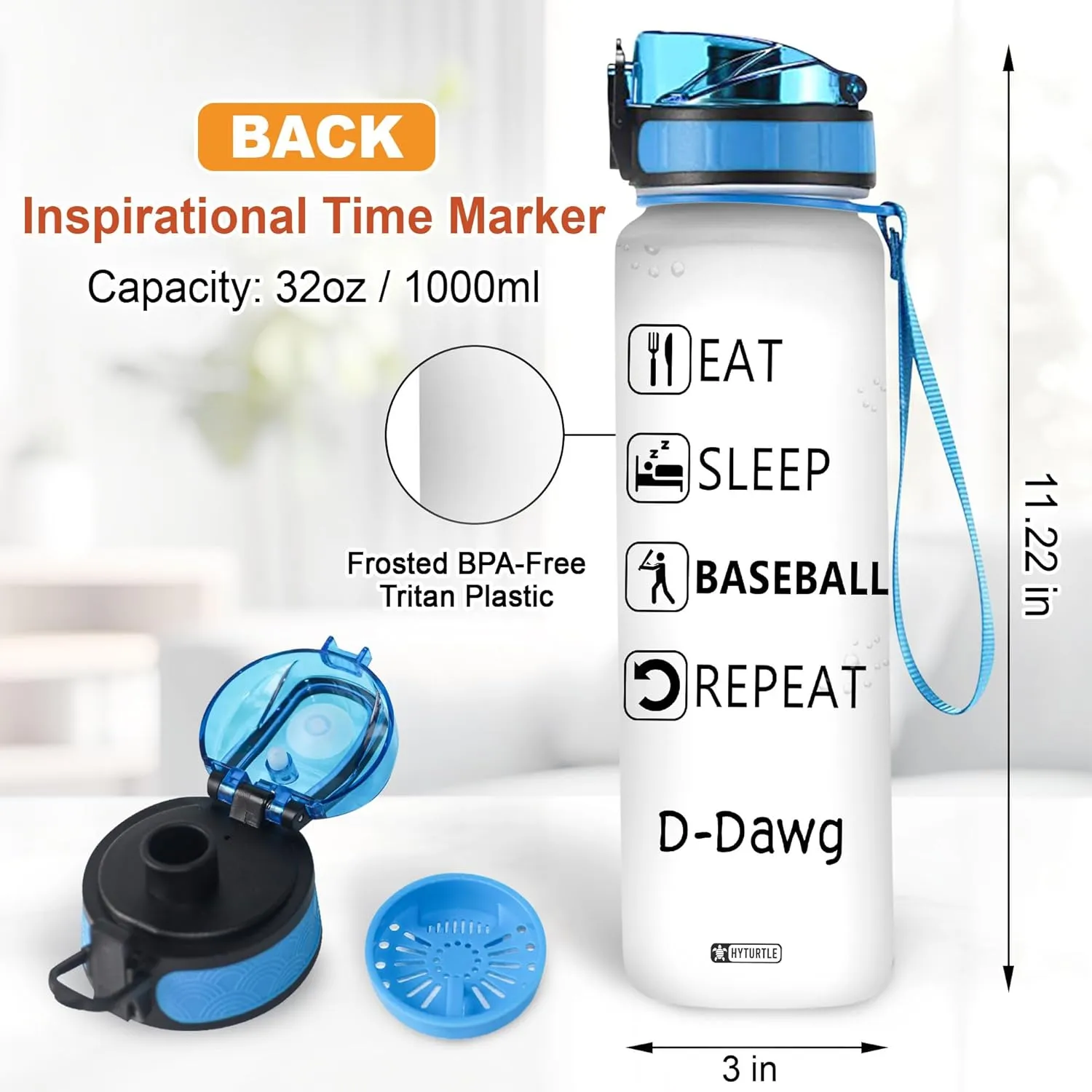 Hyturtle Personalized Baseball Water Bottle - 32oz Motivational Water Bottle with Leak-Proof Lid & Time Marker - Custom Name Gift for Men, Boys, Baseball Players, Coaches, Birthday & Christmas Gift