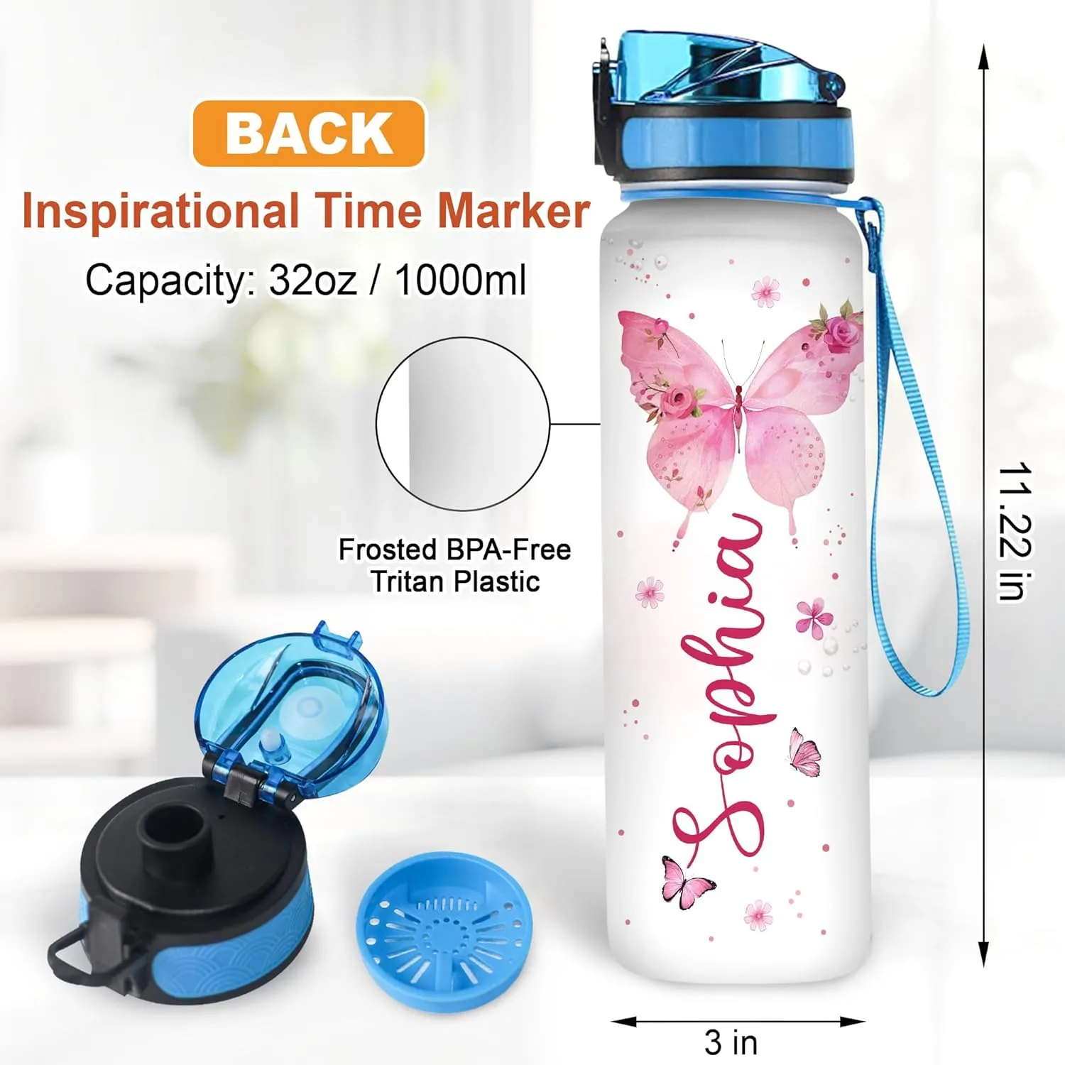 Hyturtle Personalized Christian Water Bottle - 32oz Motivational Water Bottle with Leak-Proof Lid Time Marker - Custom Name Gift for Butterfly Butterfly Lovers Women Girls On Birthday Christmas