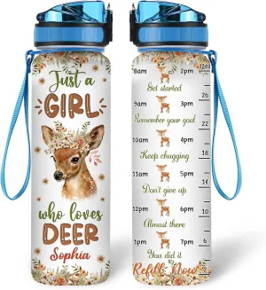 Hyturtle Personalized Deer Lovers 32 Oz 1Liter Motivational Water Bottle With Time Marker, Just A Girl Who Loves Deer, Animal Lovers Gifts For Women, Girl On Birthday, Christmas