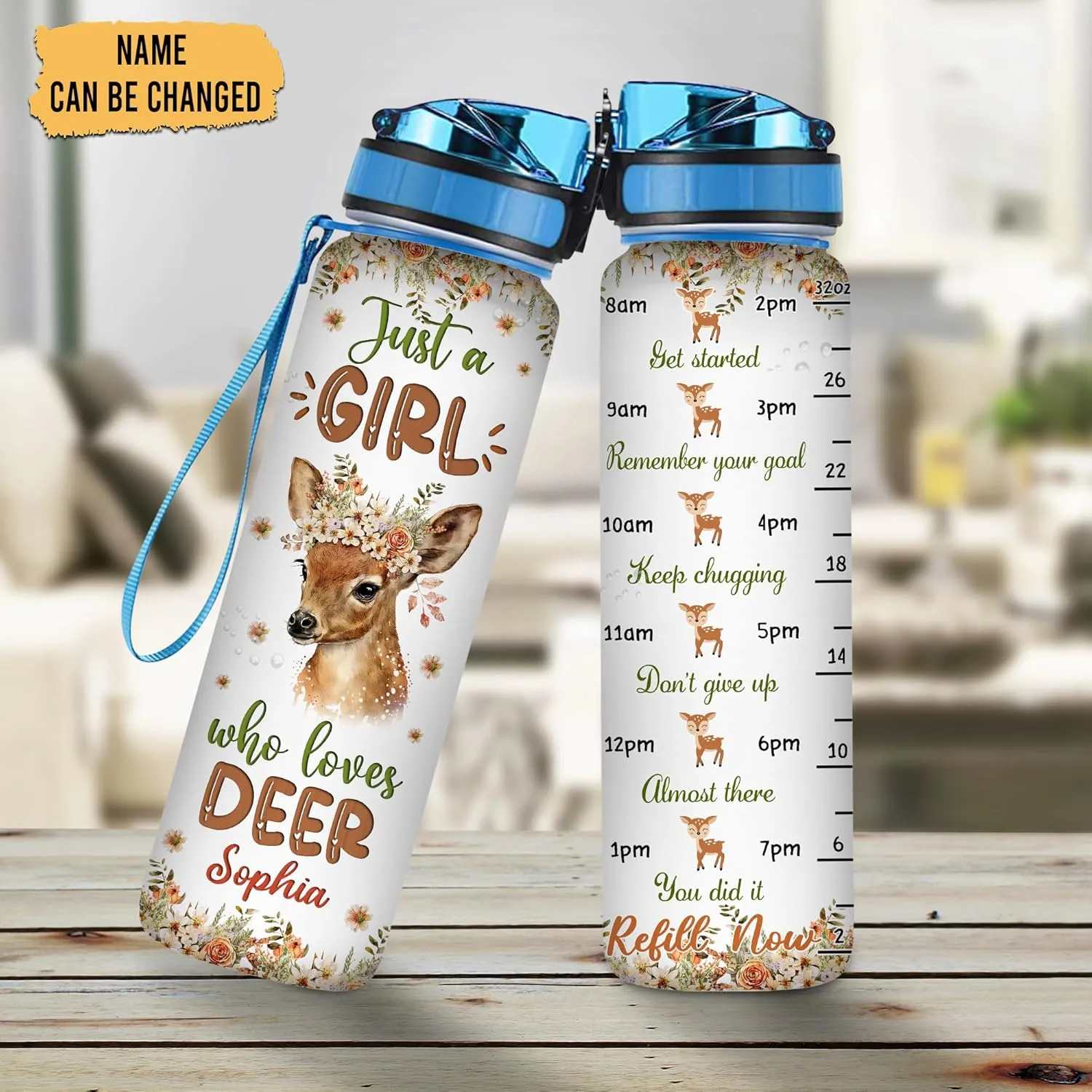 Hyturtle Personalized Deer Lovers 32 Oz 1Liter Motivational Water Bottle With Time Marker, Just A Girl Who Loves Deer, Animal Lovers Gifts For Women, Girl On Birthday, Christmas