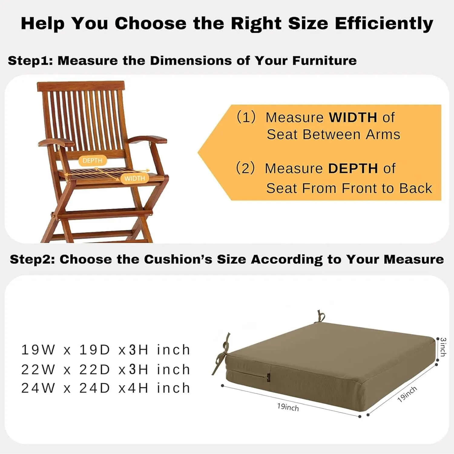 idee-home Outdoor Chair Cushions Set of 2, Waterproof Outdoor Seat Cushions for Patio Furniture, Outside Replacement Chair Pad with Ties for Lawn Deck Porch, 19 x 19