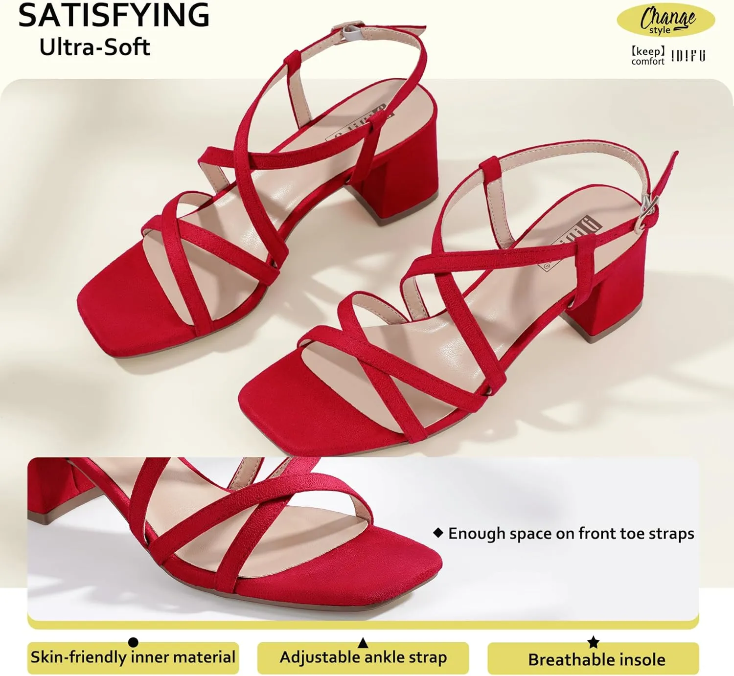 IDIFU IN2 Strappy Heels Chunky Block Square Toe Wedding Prom Bride Bridal Dance Party Dress Shoes for Women Trendy Comfortable Dressy Cute Casual Summer Heeled Sandals Slingback Low Short Heels