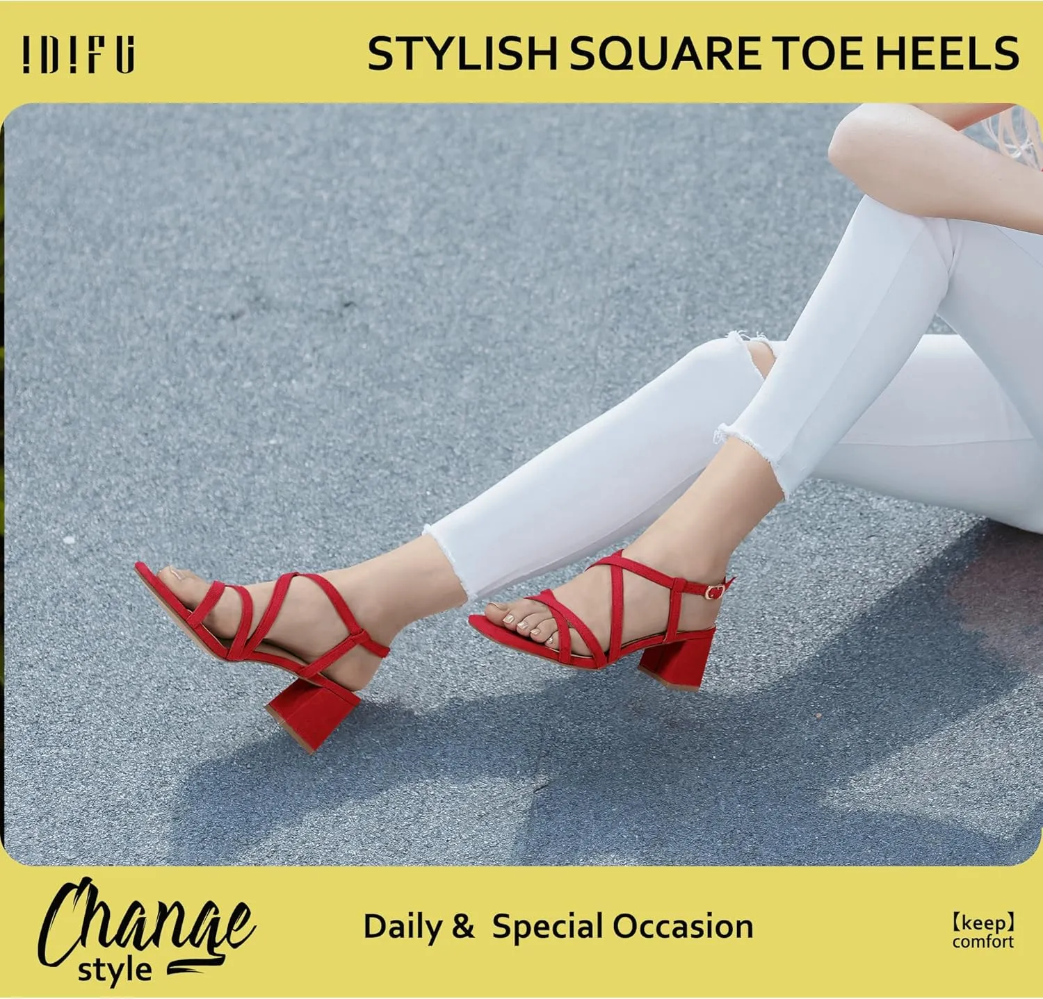 IDIFU IN2 Strappy Heels Chunky Block Square Toe Wedding Prom Bride Bridal Dance Party Dress Shoes for Women Trendy Comfortable Dressy Cute Casual Summer Heeled Sandals Slingback Low Short Heels