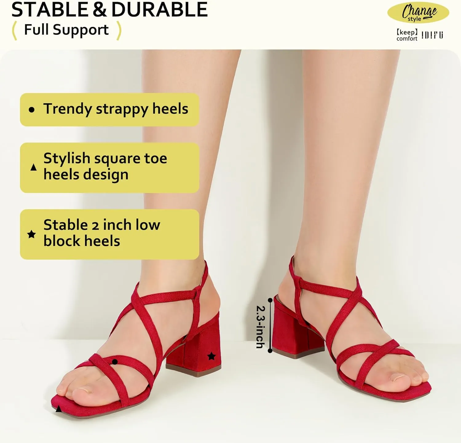 IDIFU IN2 Strappy Heels Chunky Block Square Toe Wedding Prom Bride Bridal Dance Party Dress Shoes for Women Trendy Comfortable Dressy Cute Casual Summer Heeled Sandals Slingback Low Short Heels