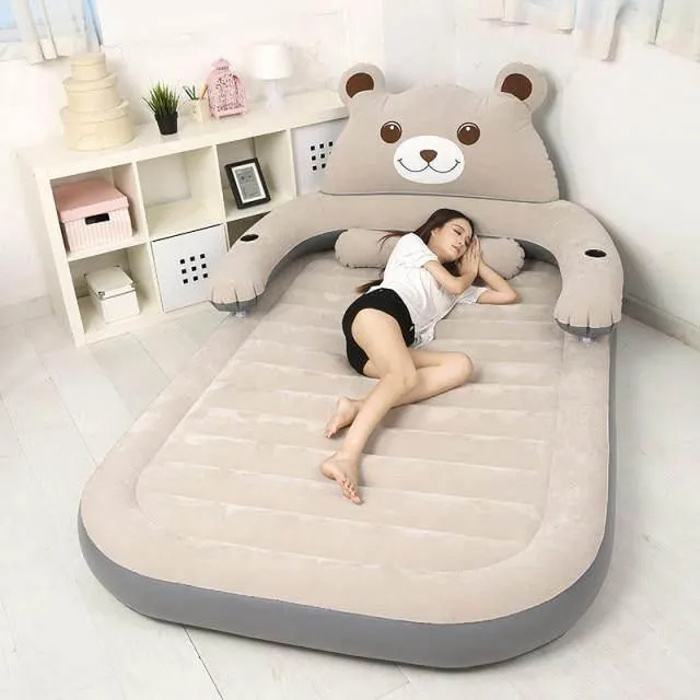 Inflatable Bear Bed with Backrest - Comfy Cartoon Design