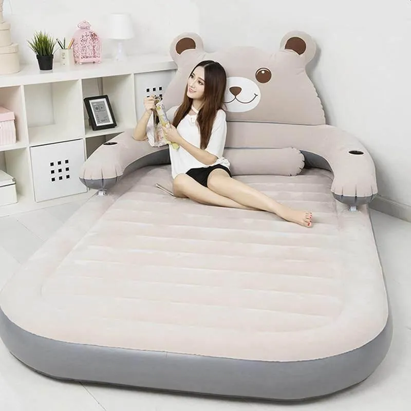 Inflatable Bear Bed with Backrest - Comfy Cartoon Design