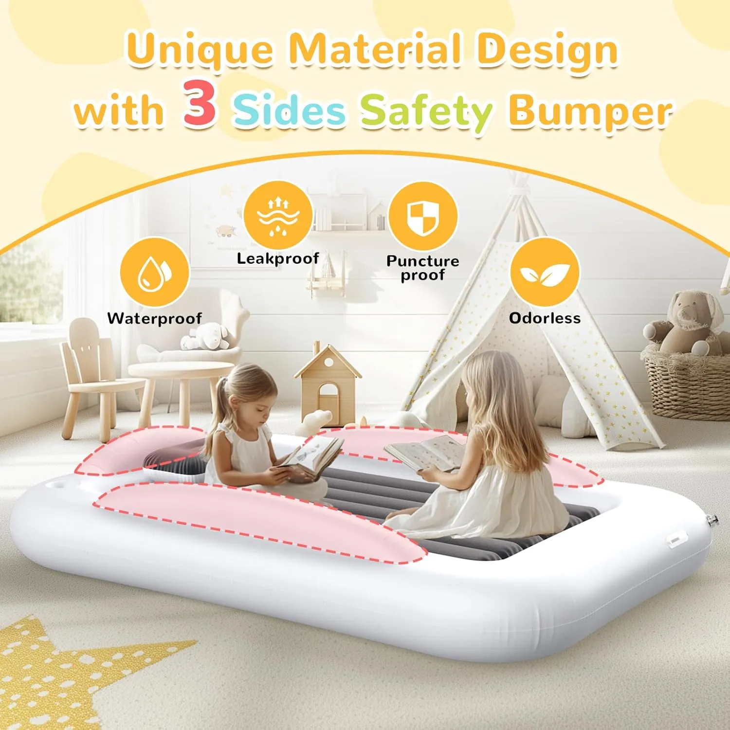 Inflatable Kids Travel Bed - Portable Comfortable Air Mattress with 3 Sides Safety Bumpers - Blow Up Bed for Camping & Travel (53 Inches)