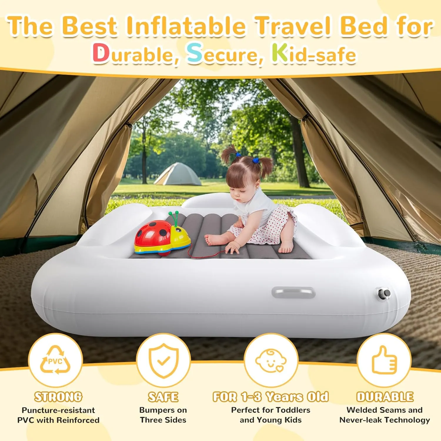Inflatable Kids Travel Bed - Portable Comfortable Air Mattress with 3 Sides Safety Bumpers - Blow Up Bed for Camping & Travel (53 Inches)