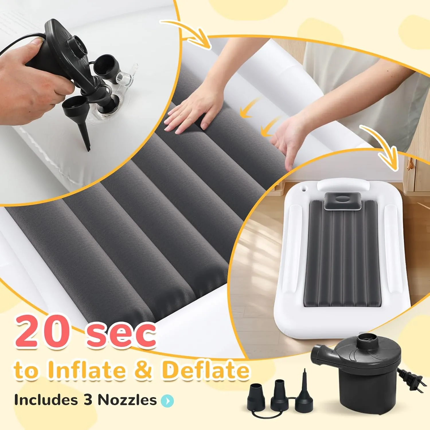 Inflatable Kids Travel Bed - Portable Comfortable Air Mattress with 3 Sides Safety Bumpers - Blow Up Bed for Camping & Travel (53 Inches)