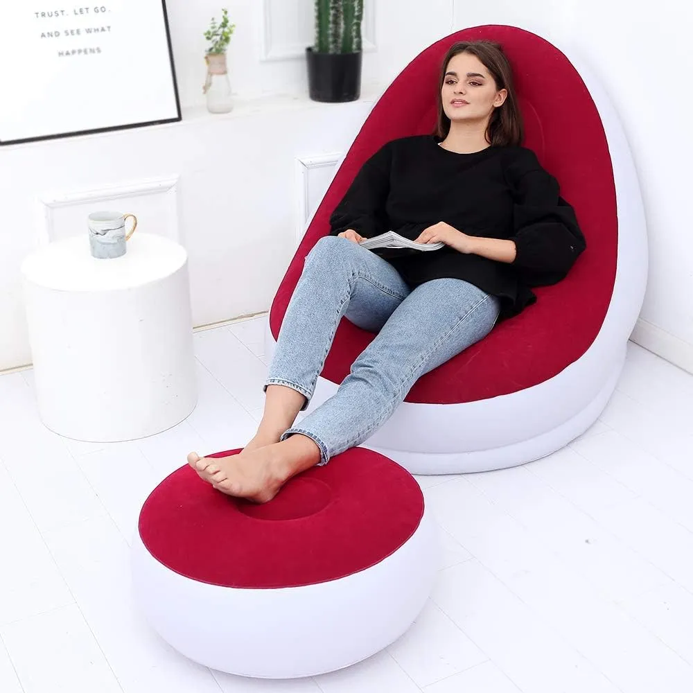 Inflatable Leisure Sofa Chair and Footstool Outdoor Folding Lounger Sofa Flocking Lazy Couch (Red)