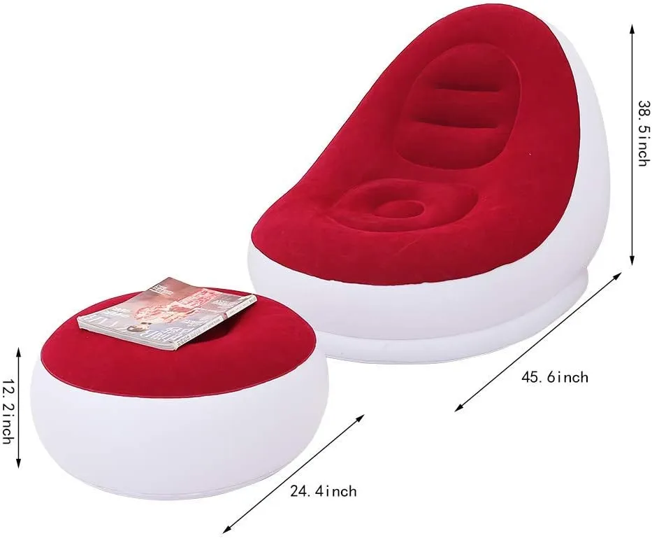 Inflatable Leisure Sofa Chair and Footstool Outdoor Folding Lounger Sofa Flocking Lazy Couch (Red)